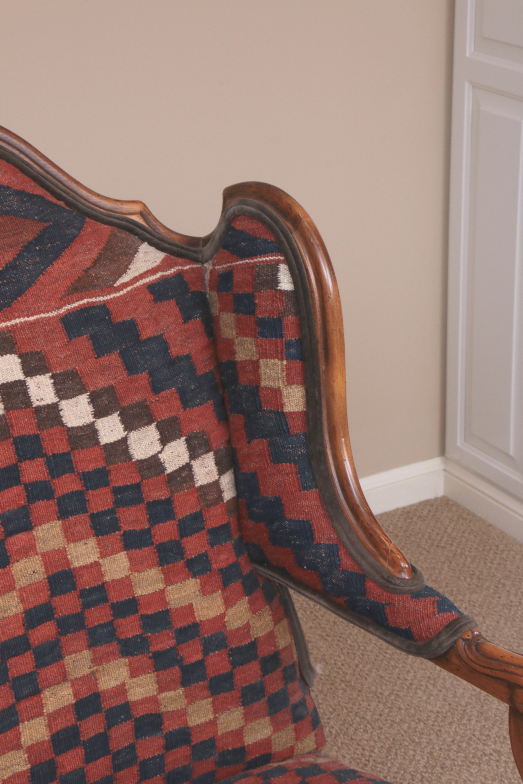 Baker Turkish Kilim-Upholstered French Provincial-Style Wingback Armchair