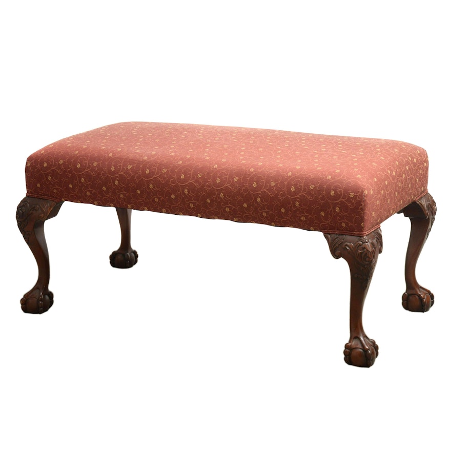 Chippendale Style Mahogany-Stained Wood and Upholstered Bench