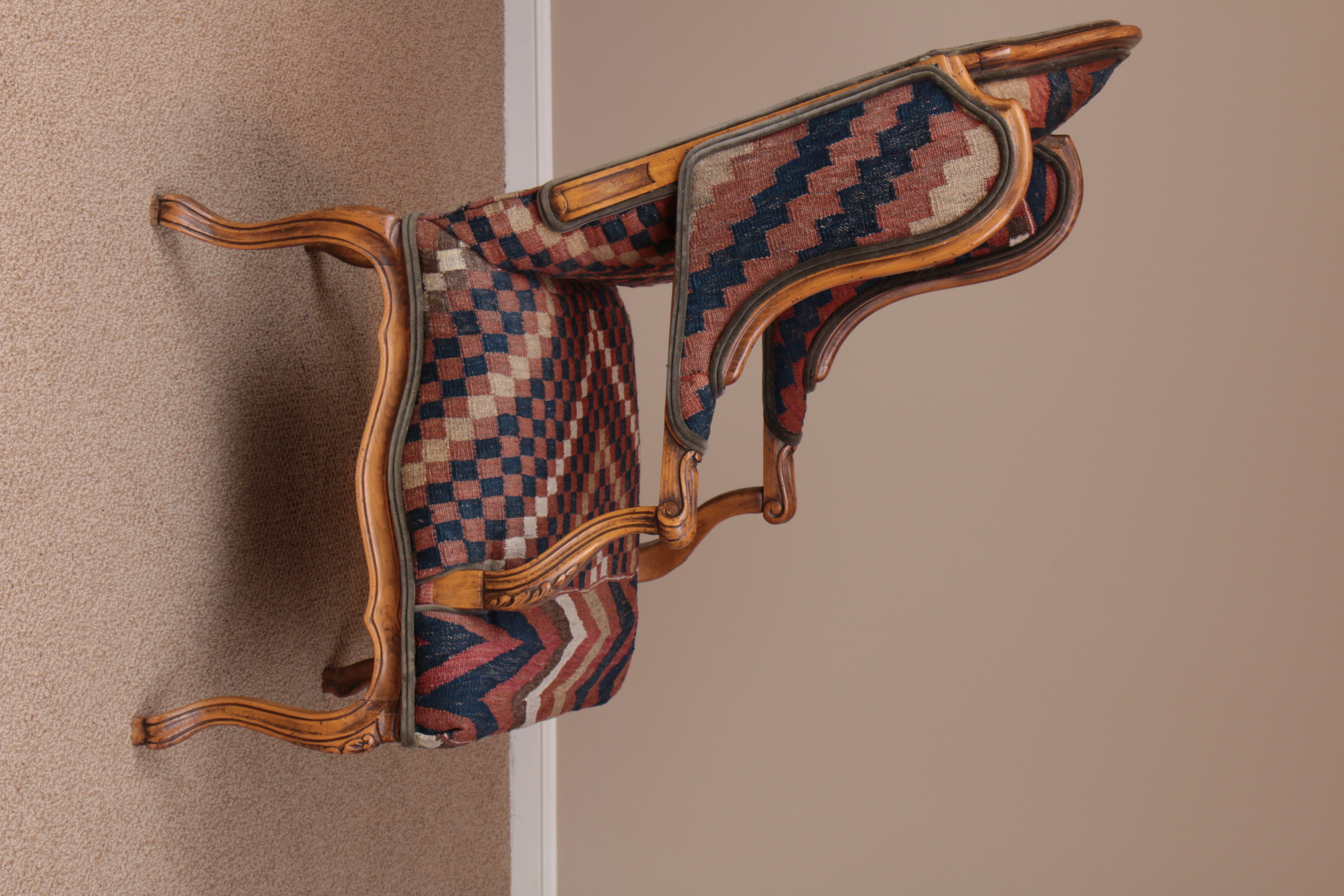 Baker Turkish Kilim-Upholstered French Provincial-Style Wingback Armchair