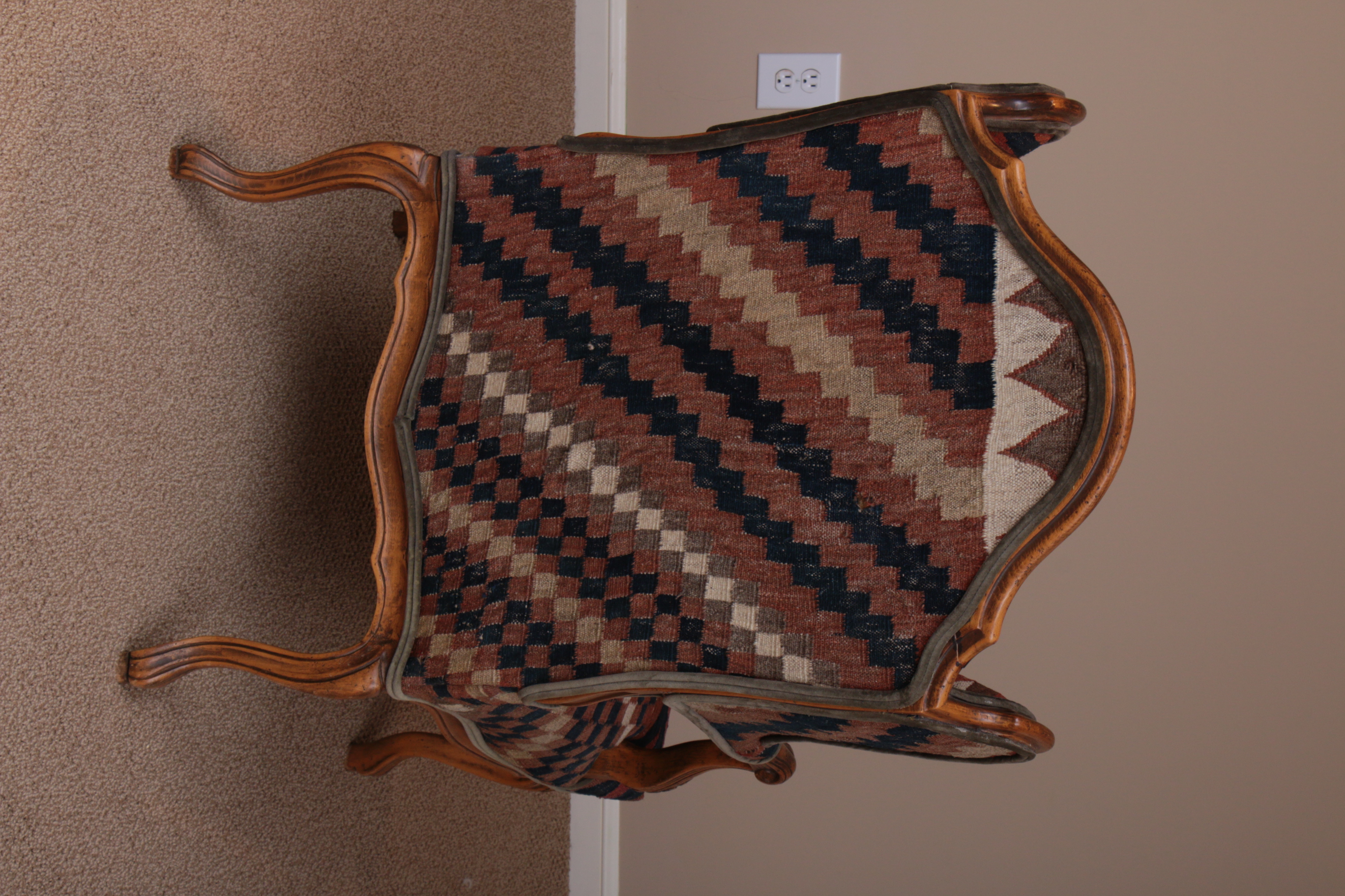 Baker Turkish Kilim-Upholstered French Provincial-Style Wingback Armchair