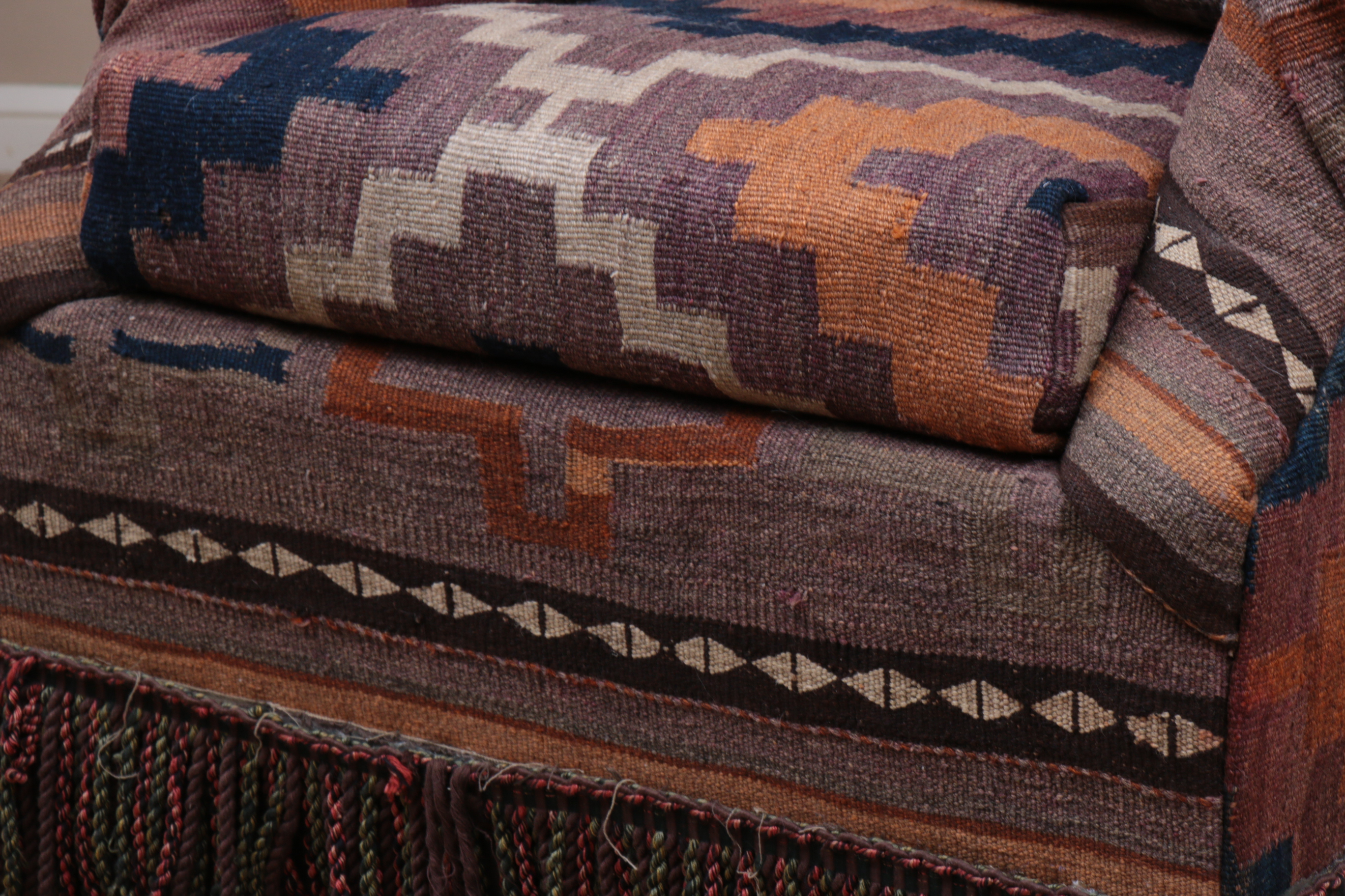 Handwoven Turkish Kilim-Upholstered Armchair with Throw Pillow