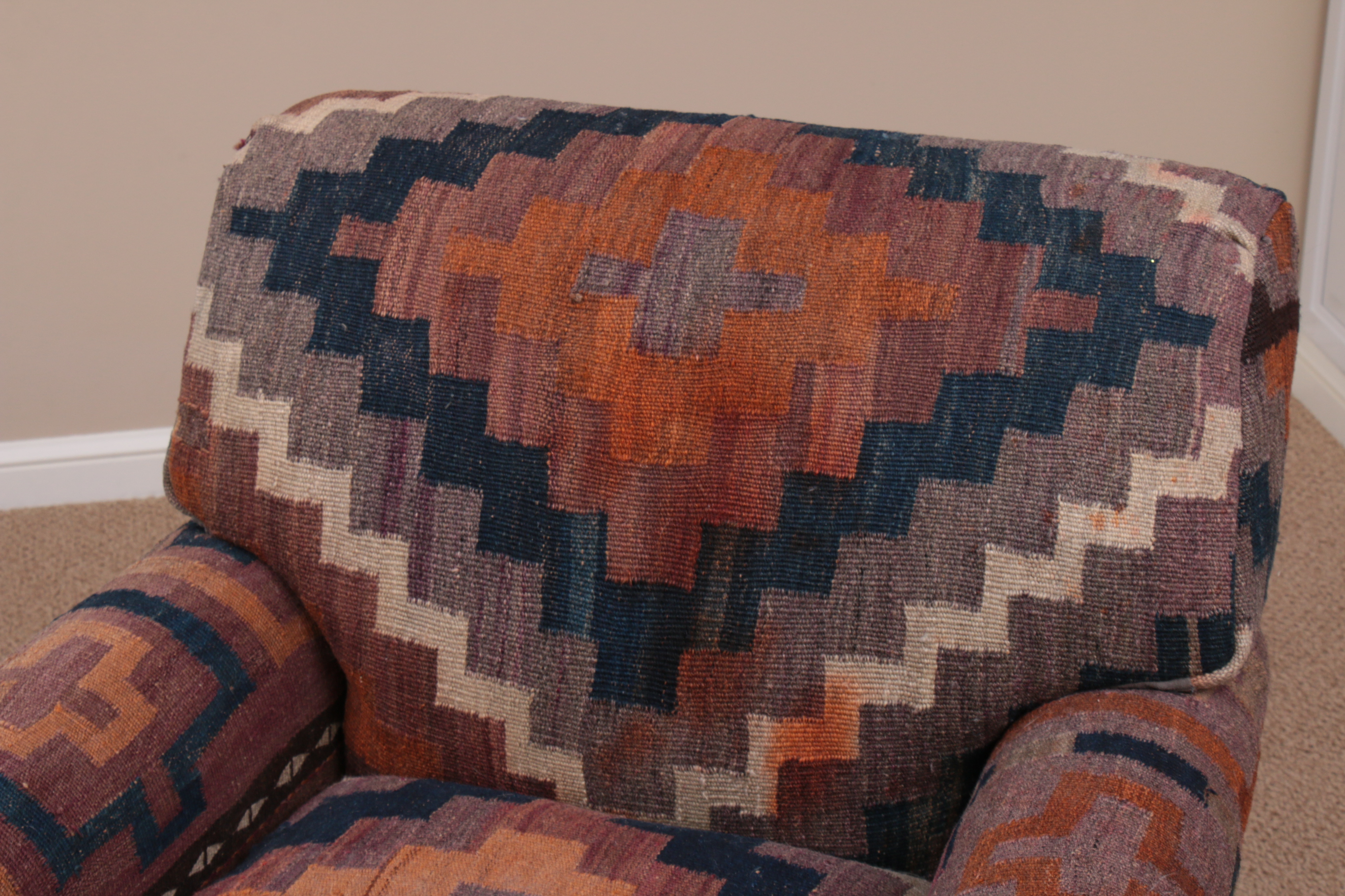 Handwoven Turkish Kilim-Upholstered Armchair with Throw Pillow
