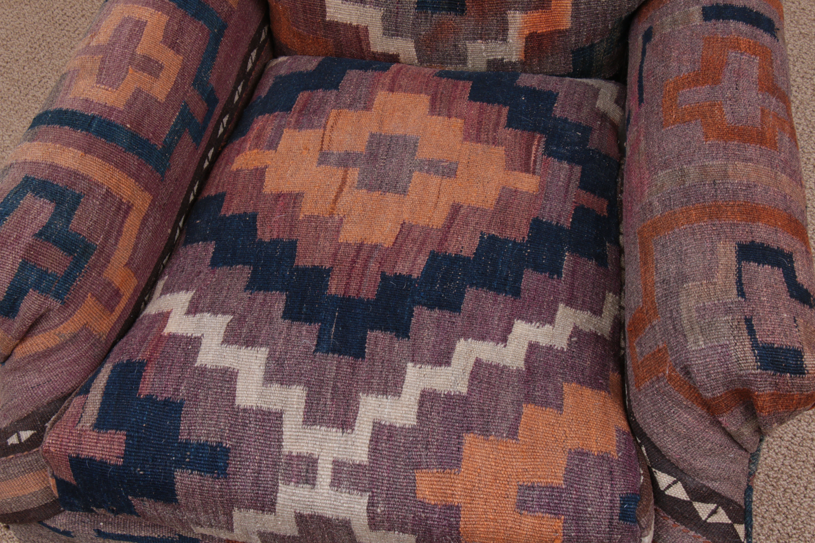 Handwoven Turkish Kilim-Upholstered Armchair with Throw Pillow