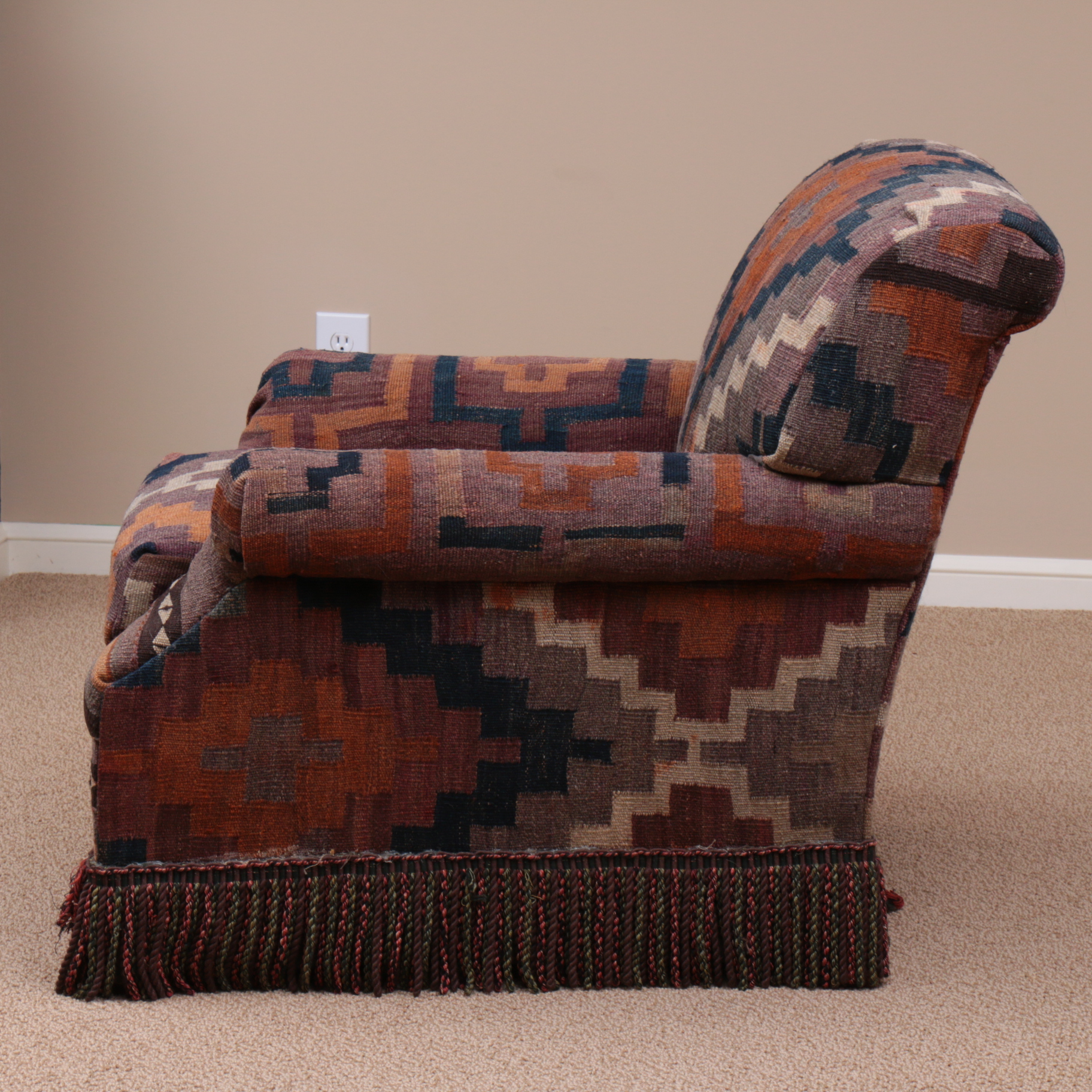 Handwoven Turkish Kilim-Upholstered Armchair with Throw Pillow
