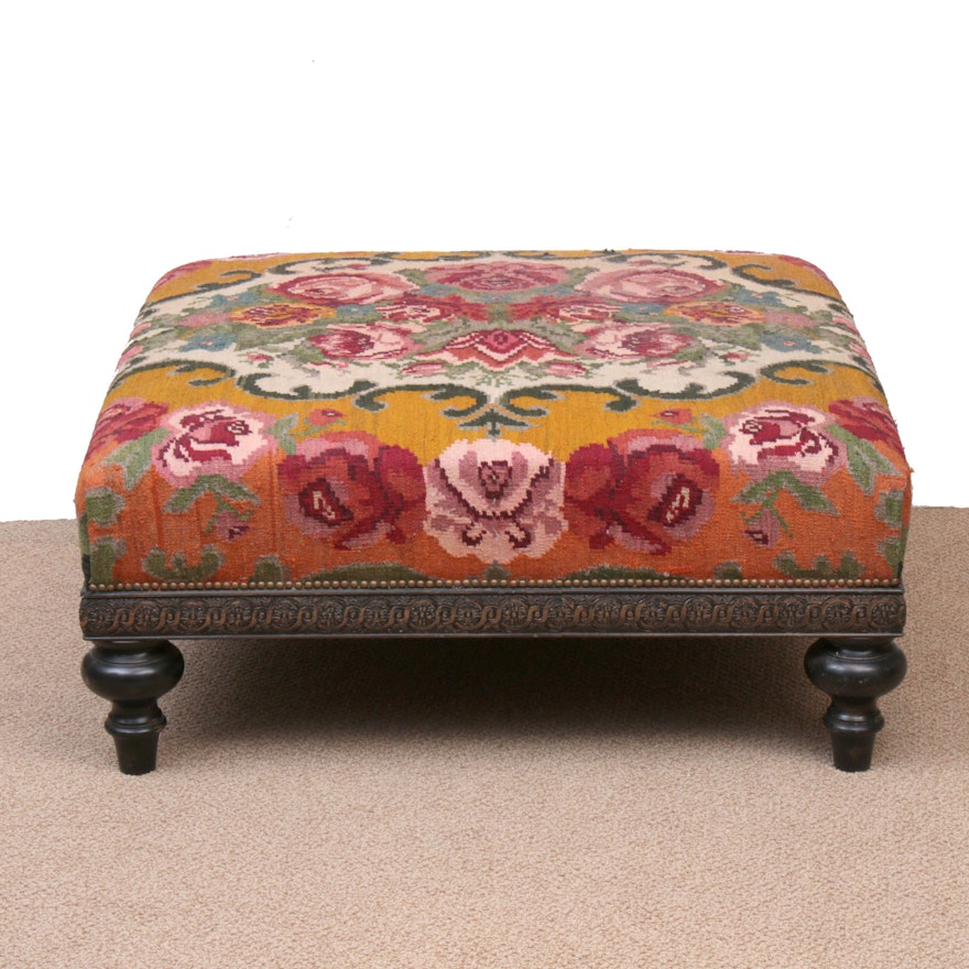 Handwoven Turkish French Aubusson Kilim Upholstered Oversize Ottoman