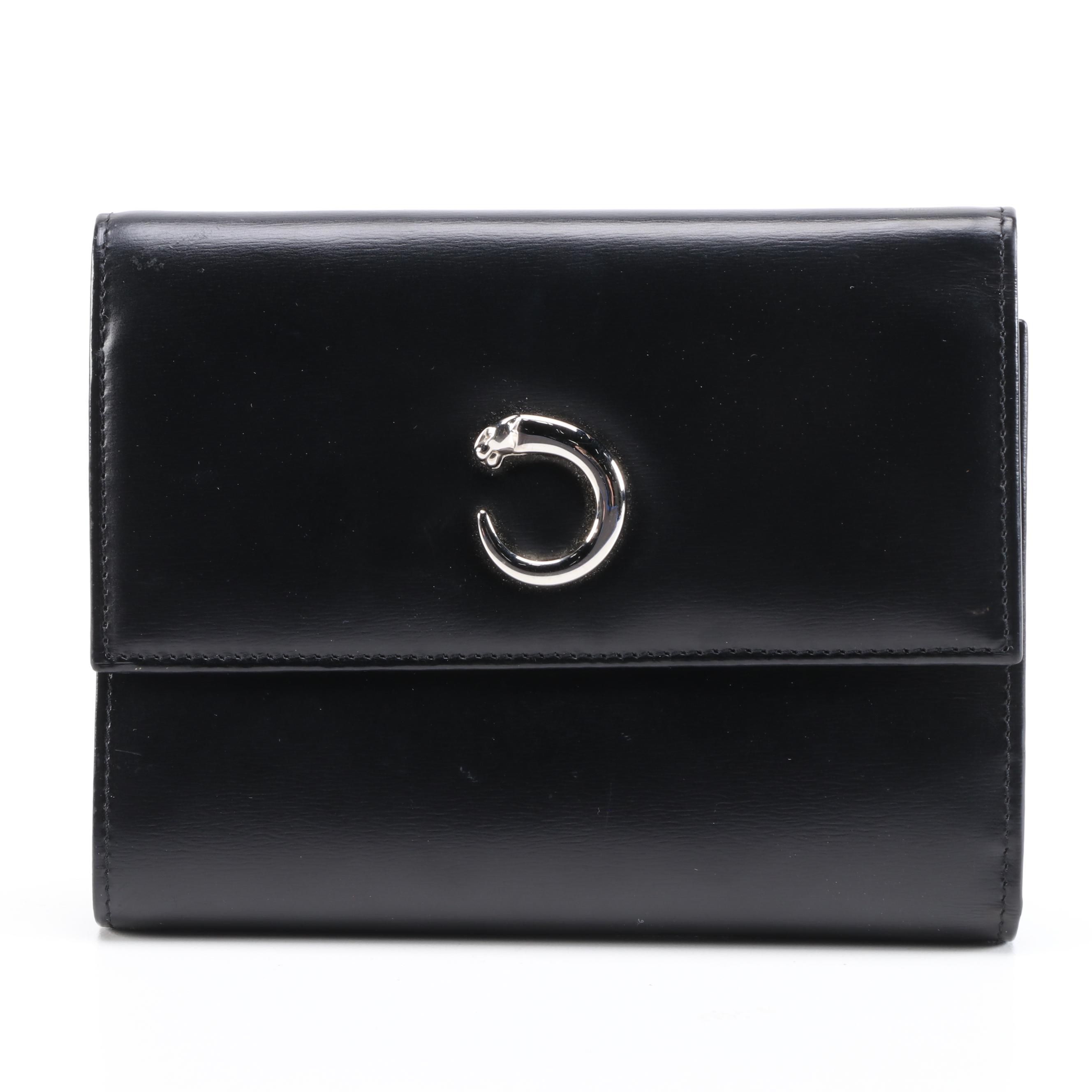 Cartier Panther Logo Black Leather Wallet
