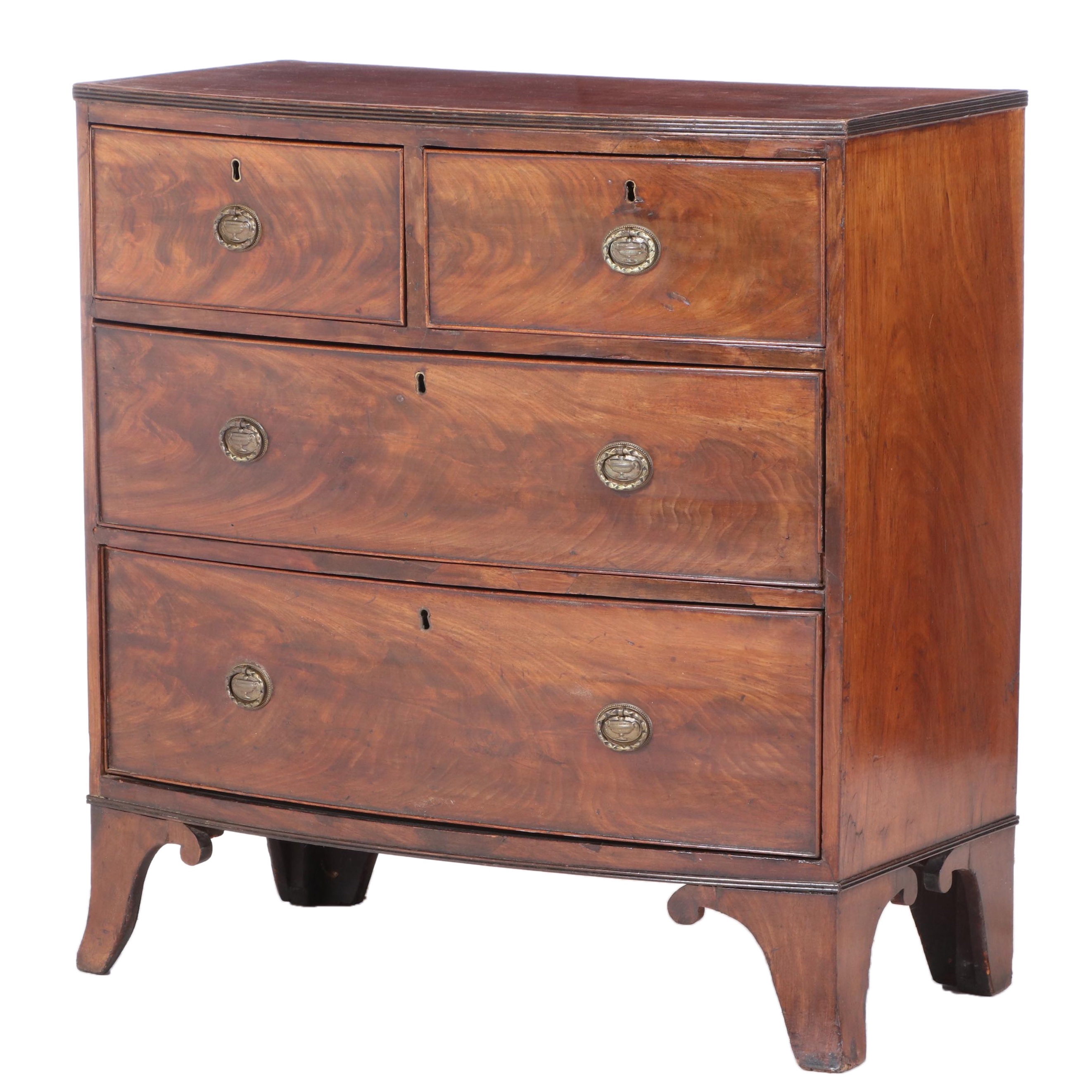 George III Flame Mahogany and Crossbanded Four-Drawer Bowfront Chest, circa 1800
