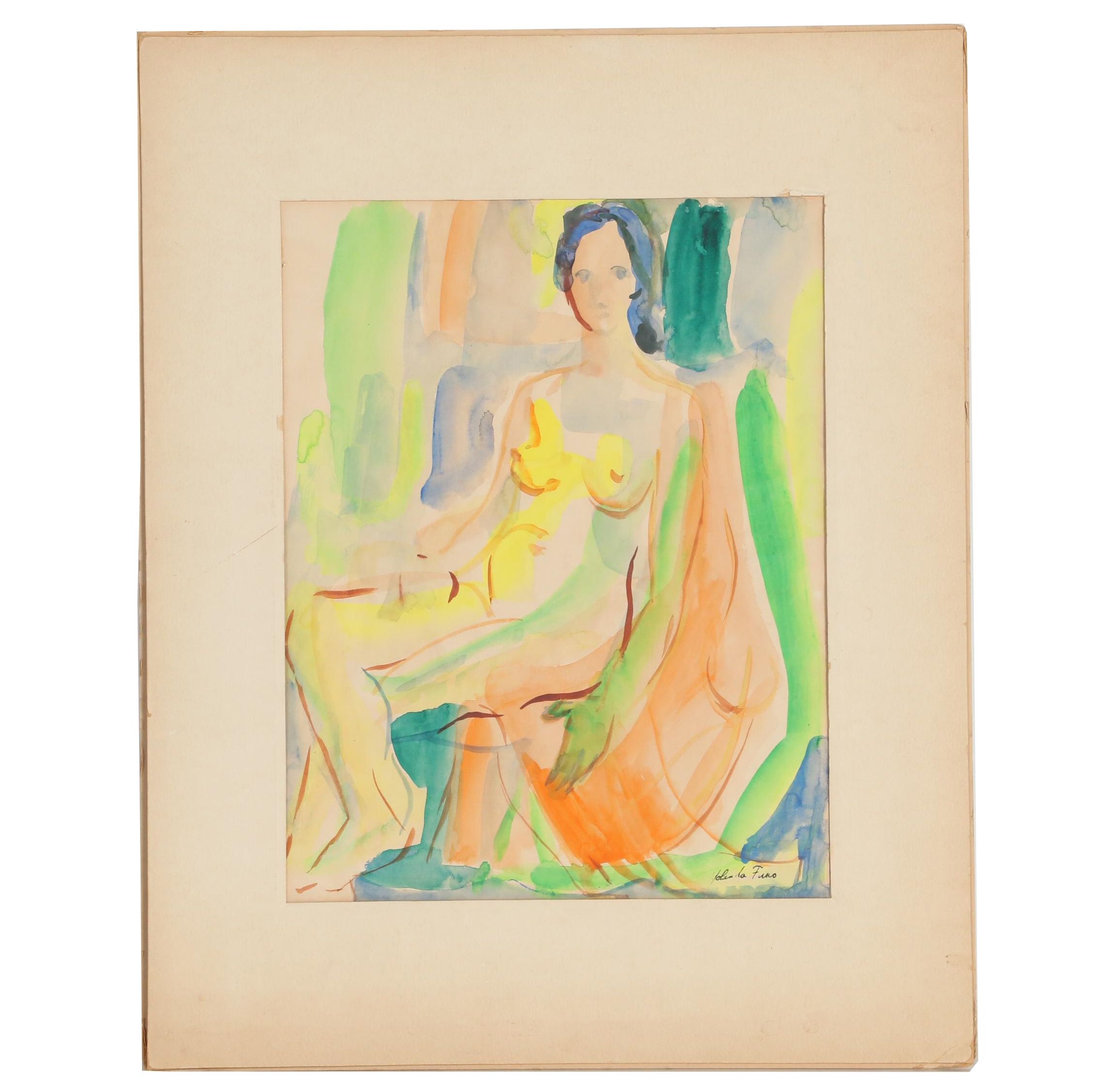 Yolanda Fusco Seated Female Nude Watercolor Painting, 20th Century
