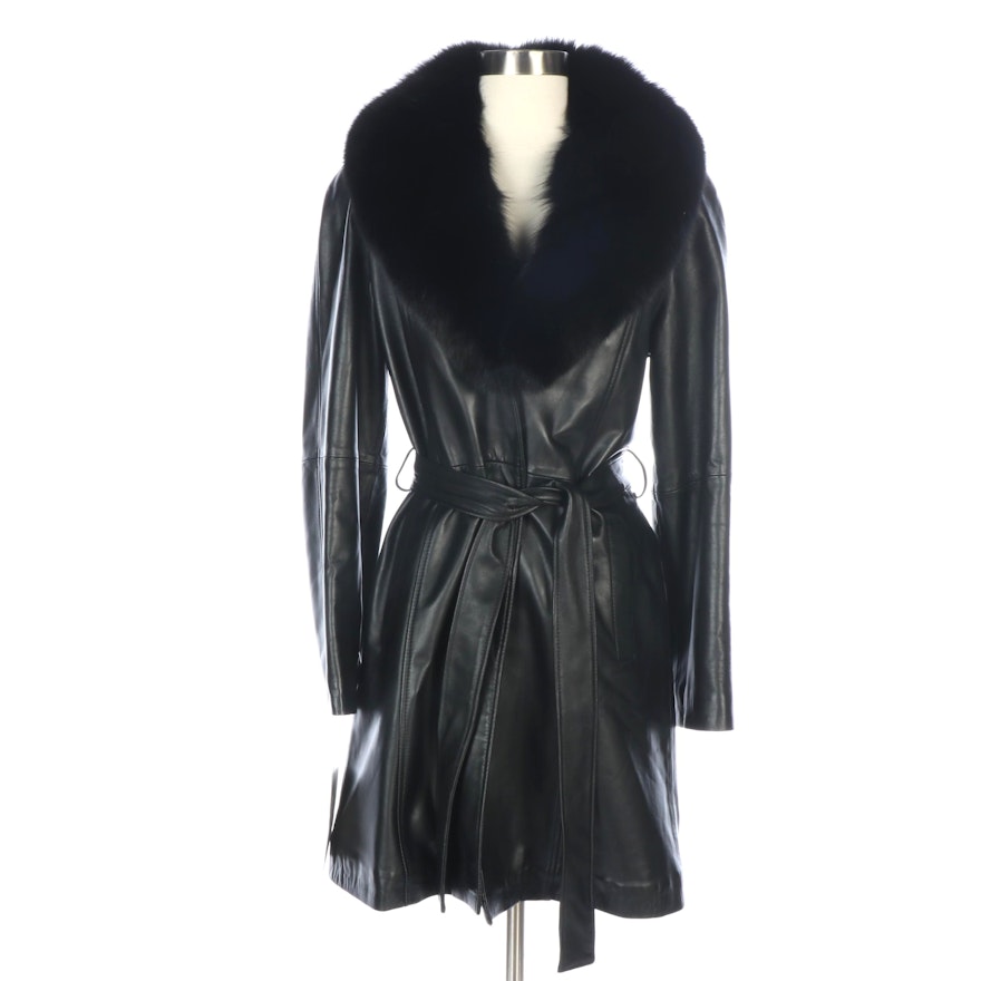Black Lambskin Leather Belted Coat with Removable Dyed Fox Fur Collar