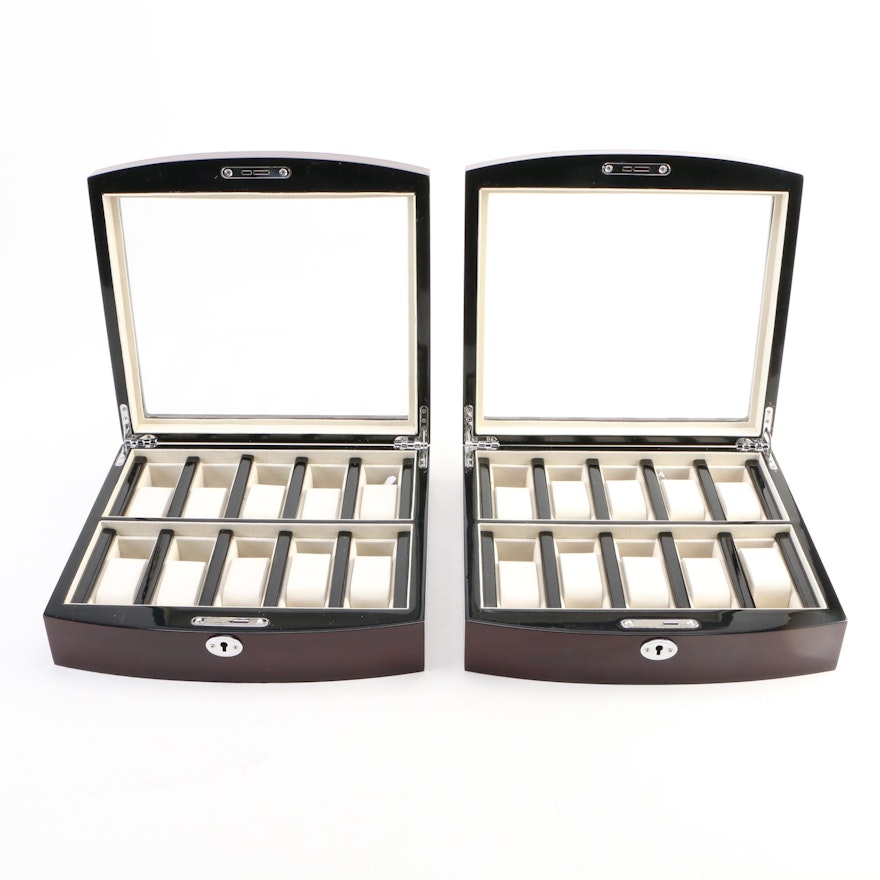 Pair of Locking Watch Cases with High Gloss Wood Finish