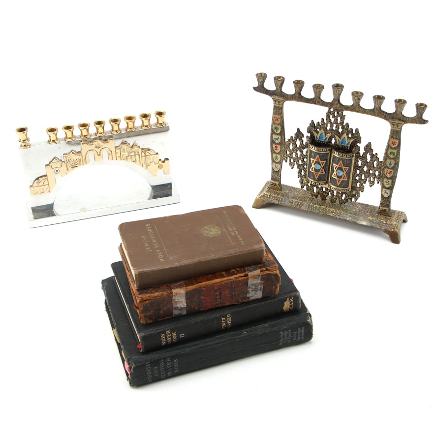 Hen-Holon and Oppenheim Israeli Made Menorahs with Judaism Prayer Books