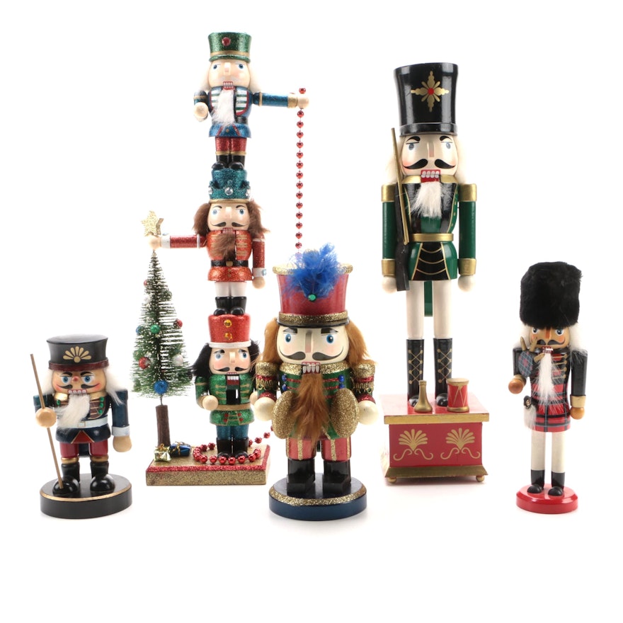 Handcrafted Painted Wood Nutcracker Figurines and Nutcracker Music Box