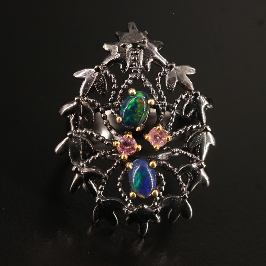 Oxidized Sterling Silver Opal and Tourmaline Foliate Motif Ring