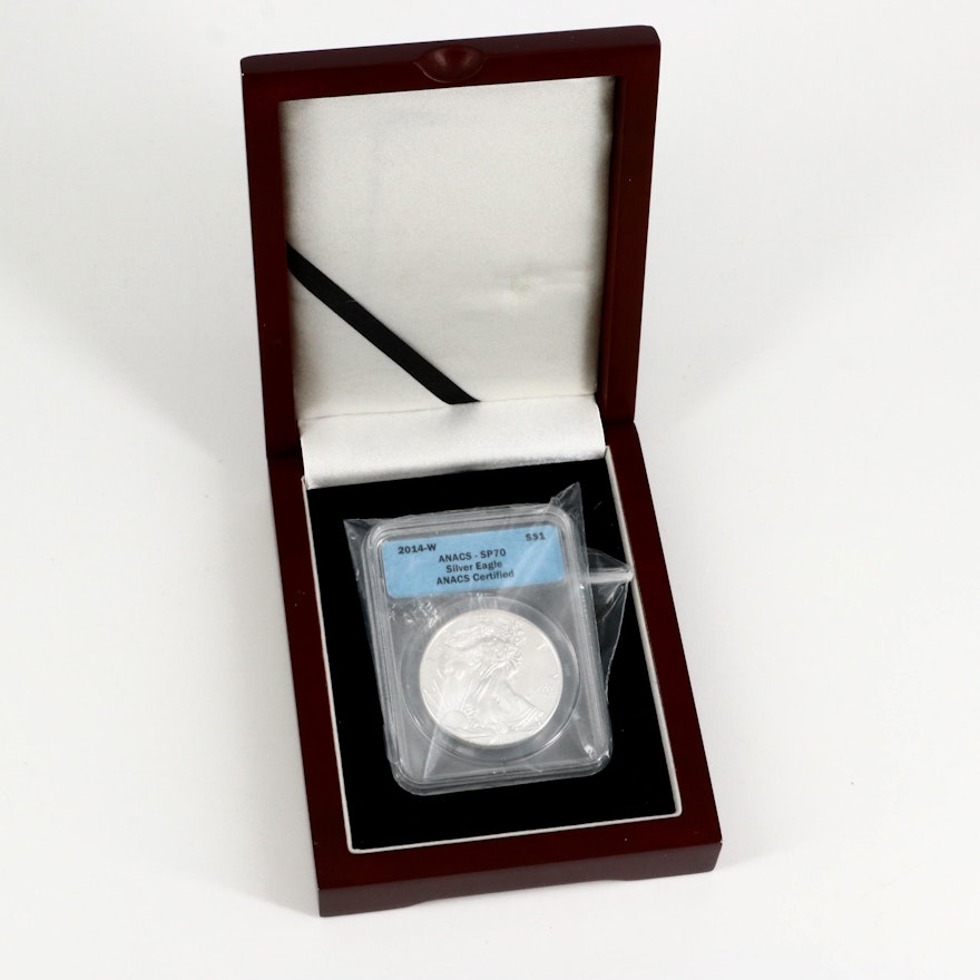 Low Mintage ANACS Graded SP70 2014-W Silver Eagle in Display Box