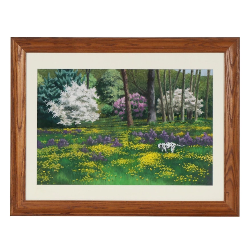 Marcus Brewer Pastel Drawing of Park Scene with Dalmatian and Flowers