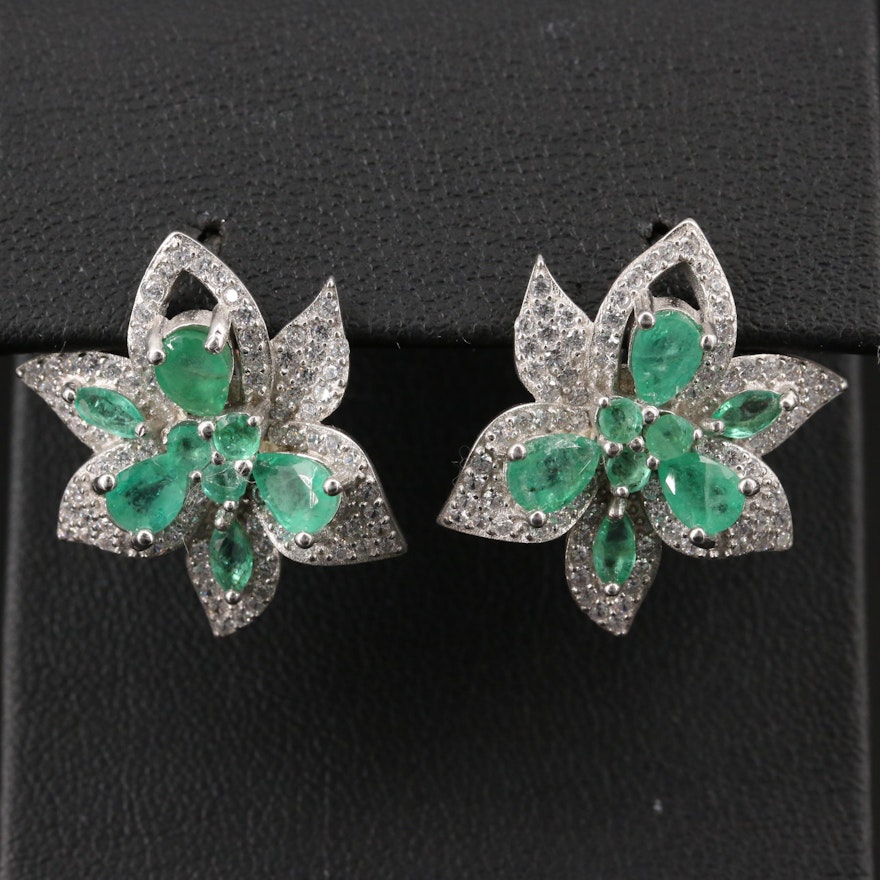 Sterling Silver Emerald and Cubic Zirconia Flower Earrings