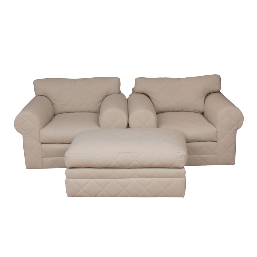 Ralph Lauren Quilted Fabric Upholstered Armchairs with Ottoman, 21st Century