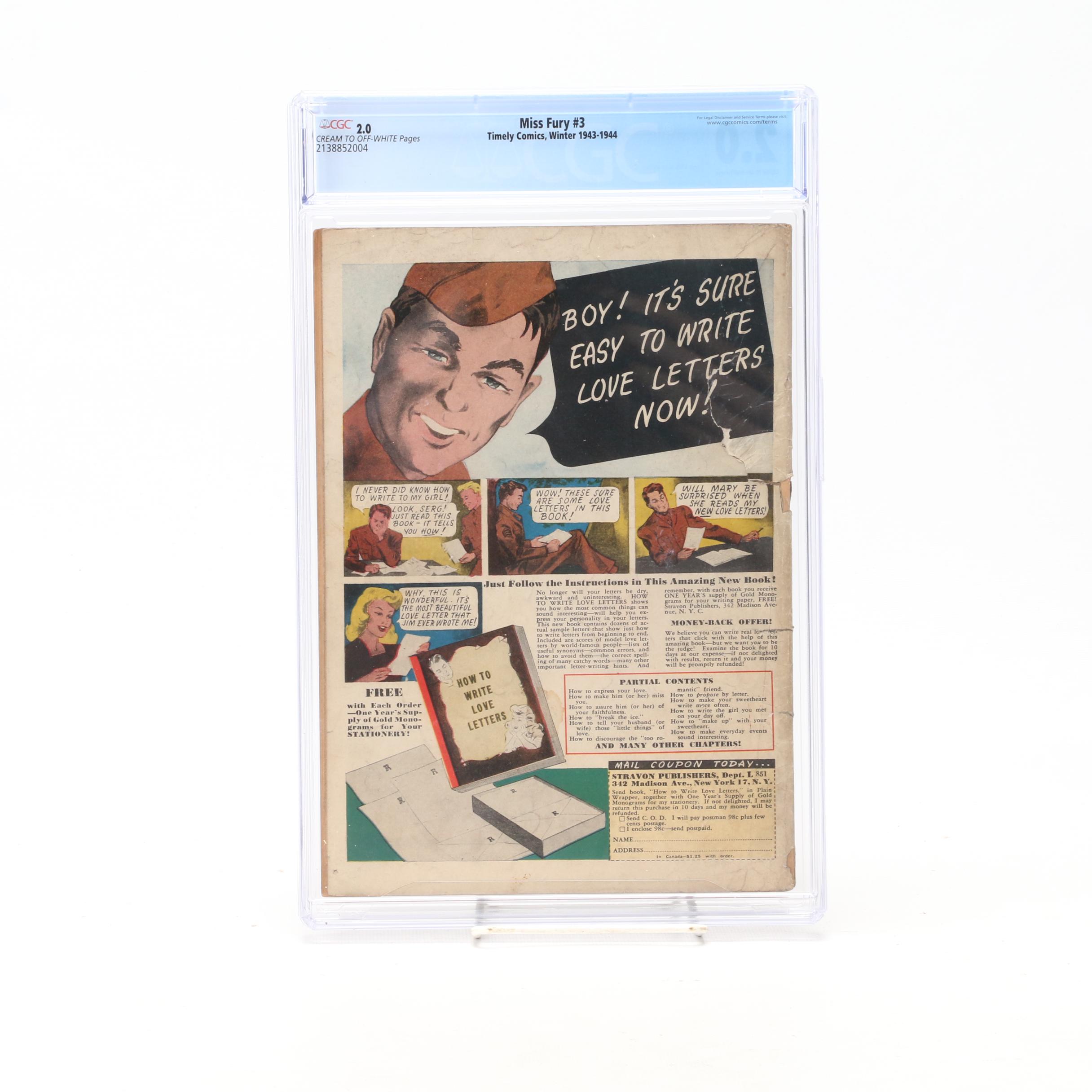 Timely Comics "Miss Fury" Vol. 1 #3 Graded Comic Book, 1943