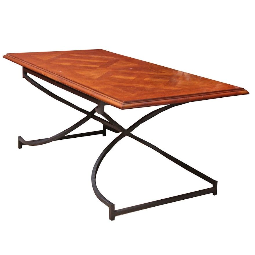 Wrought Metal and Parquetry Top Dining Table