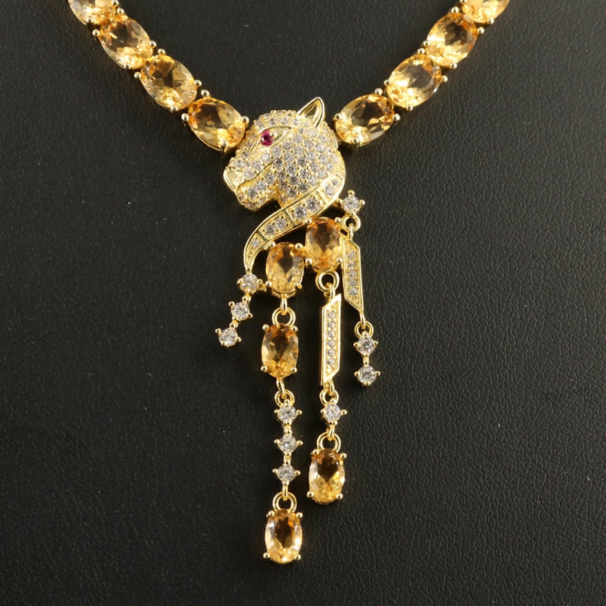 Sterling Silver Citrine, Ruby and Cubic Zirconia Feline Dangle Necklace