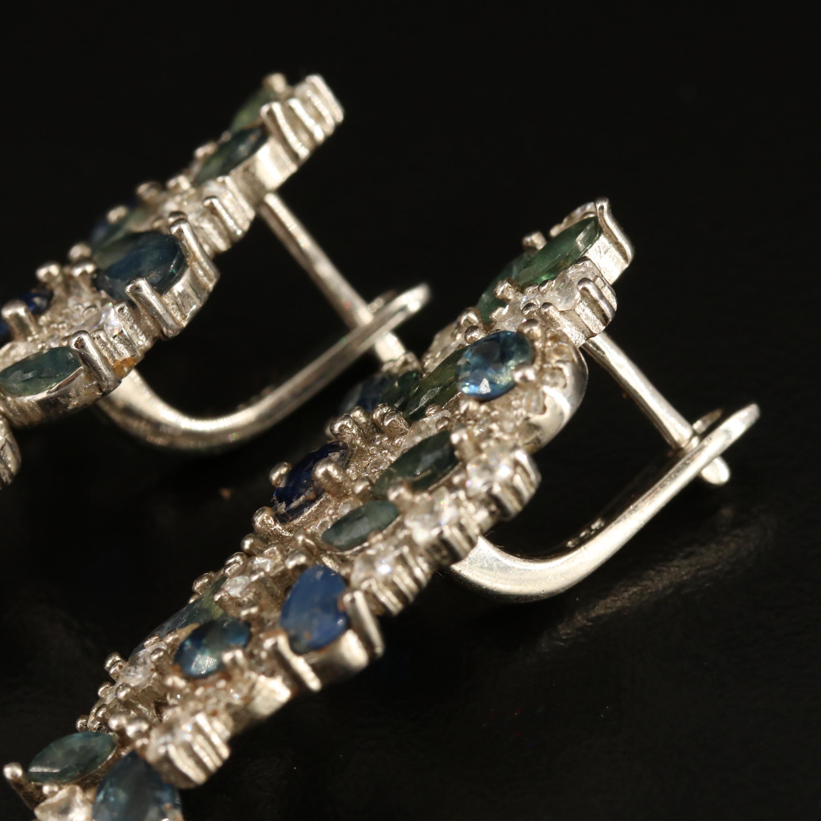 Sterling Silver Sapphire and Cubic Zirconia Cluster Earrings