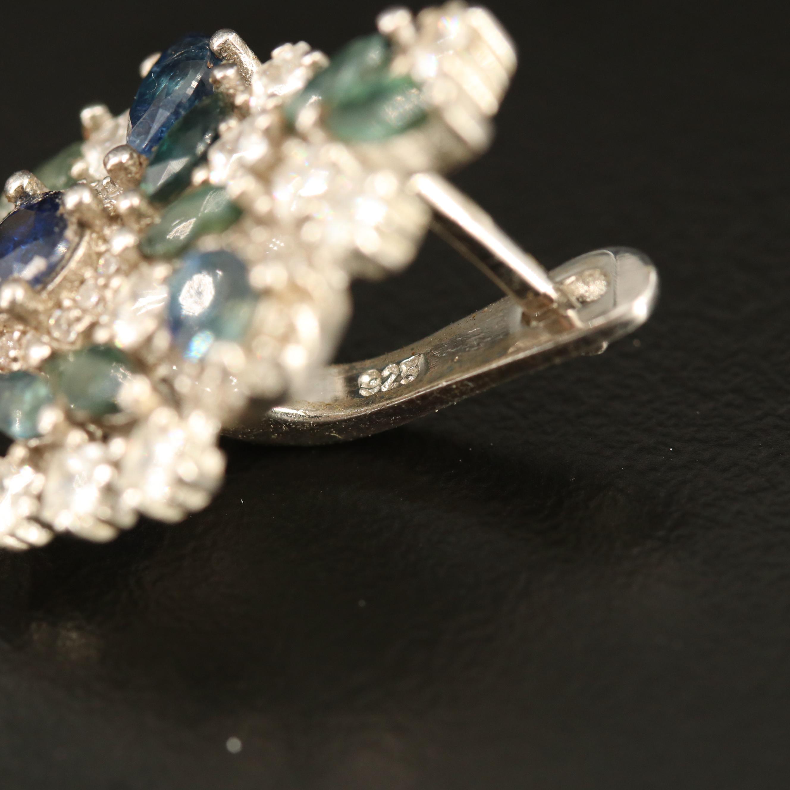 Sterling Silver Sapphire and Cubic Zirconia Cluster Earrings