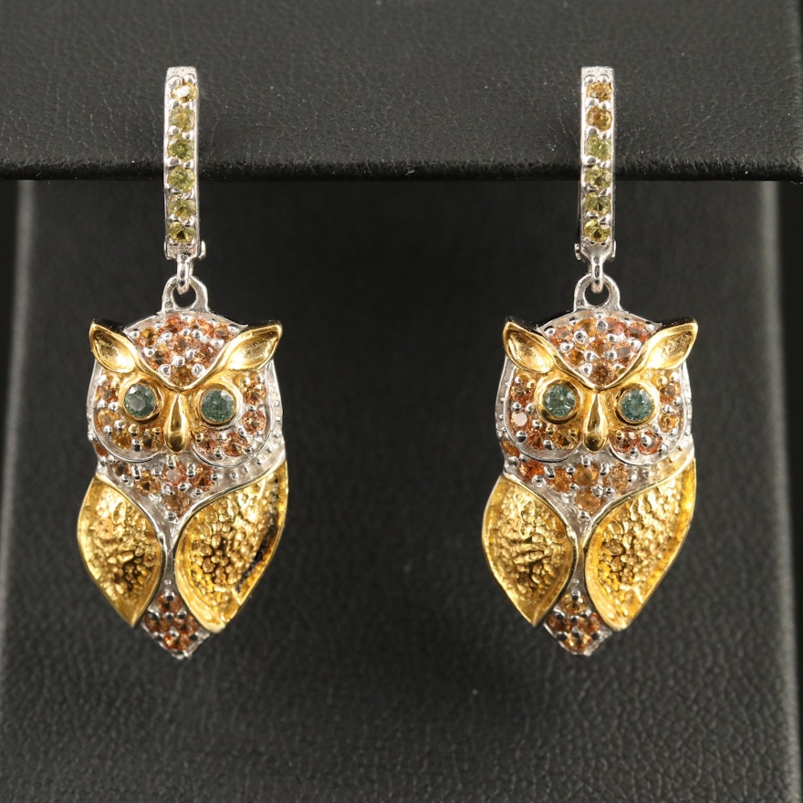 Sterling Silver Sapphire and Topaz Owl Dangle Earrings