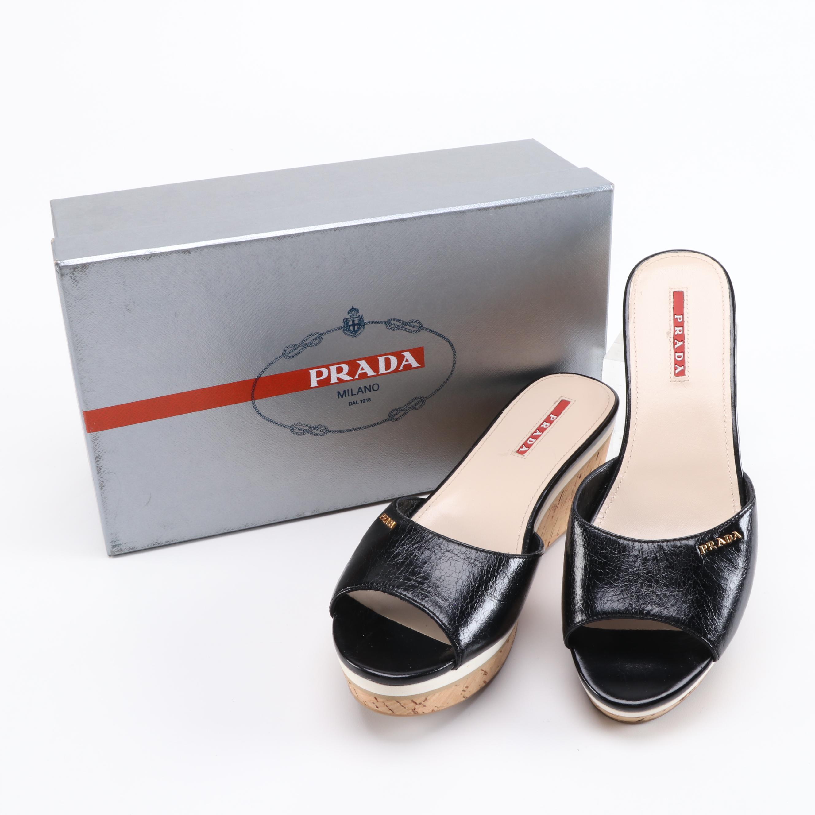 Prada Black Leather Open Toe Cork Wedge Sandals