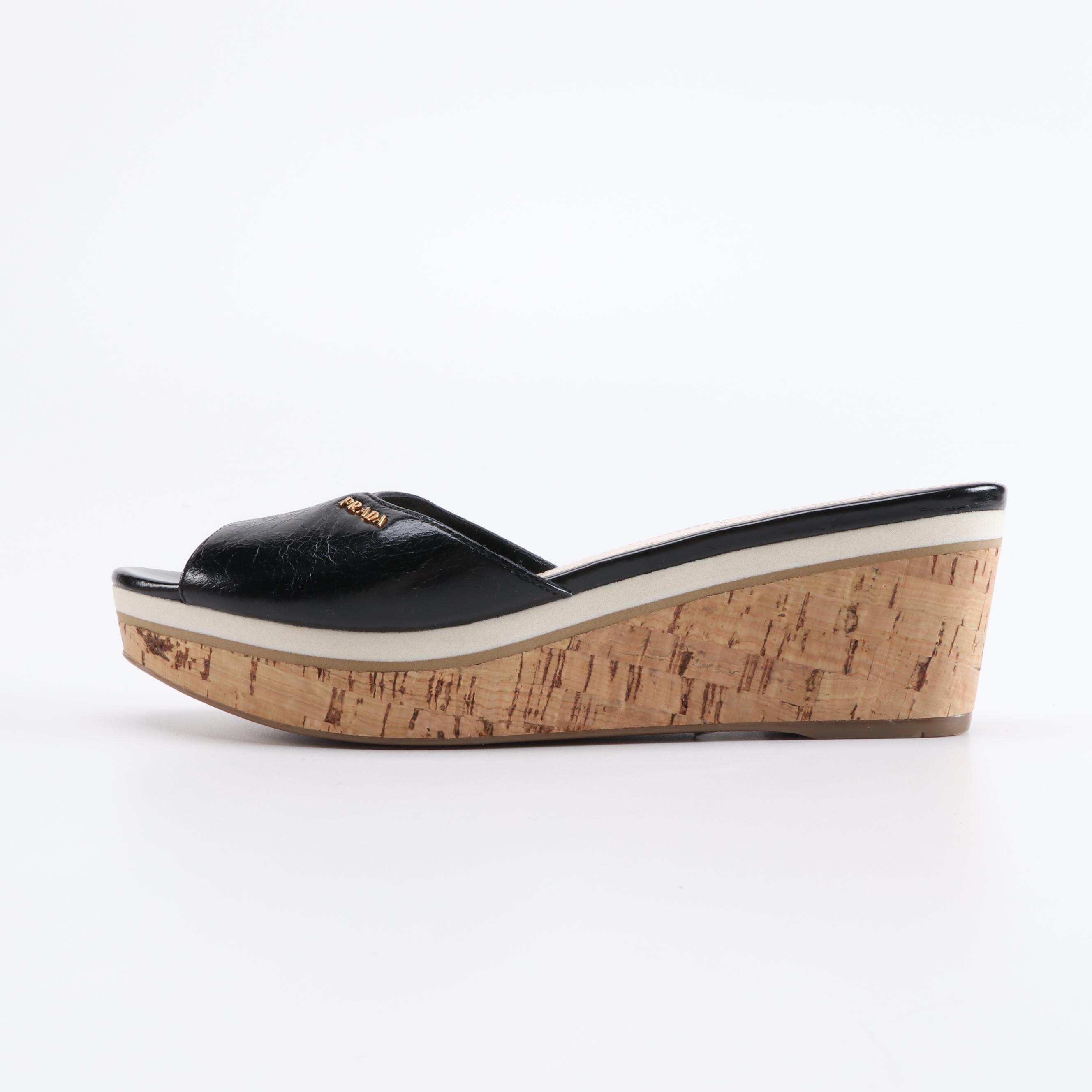 Prada Black Leather Open Toe Cork Wedge Sandals