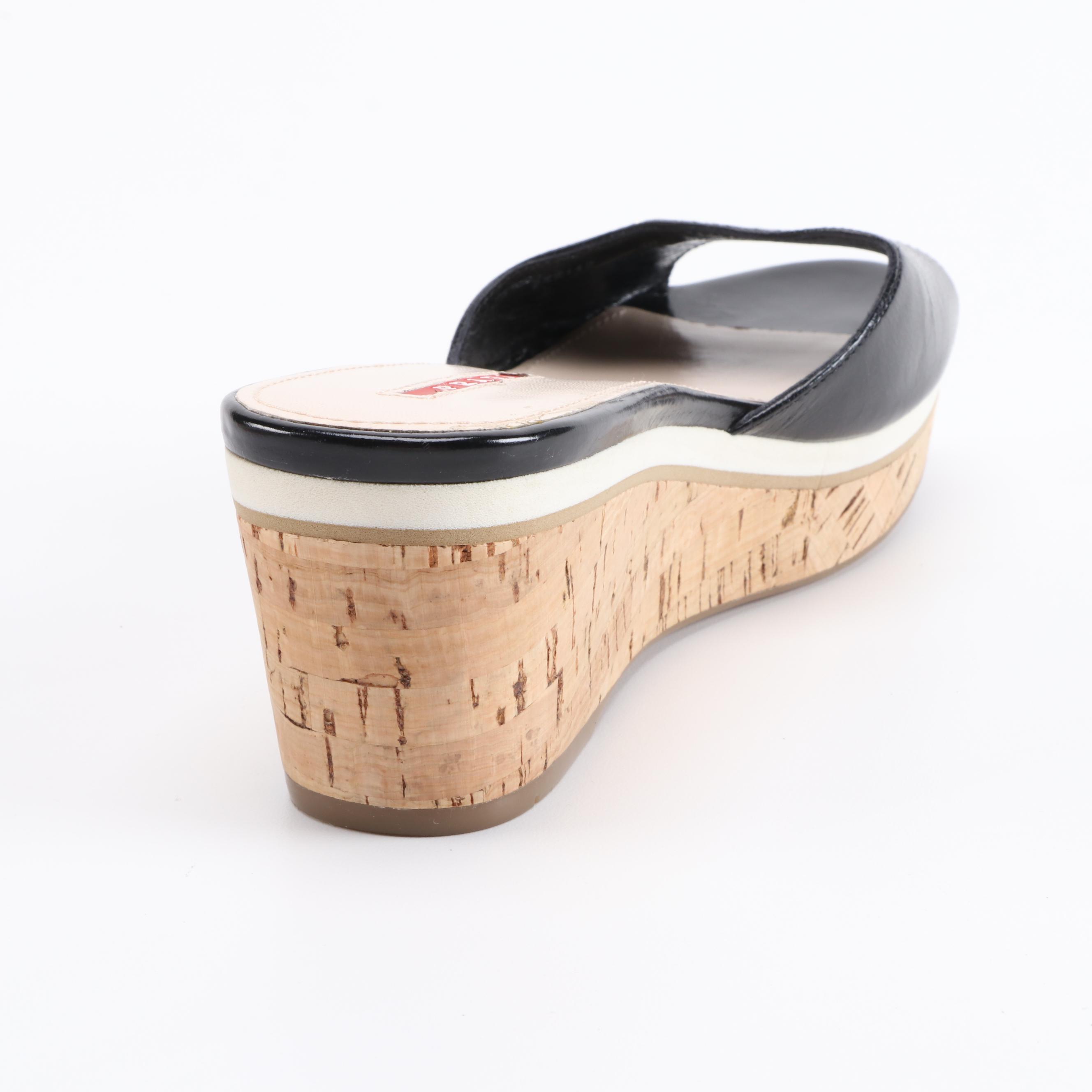 Prada Black Leather Open Toe Cork Wedge Sandals