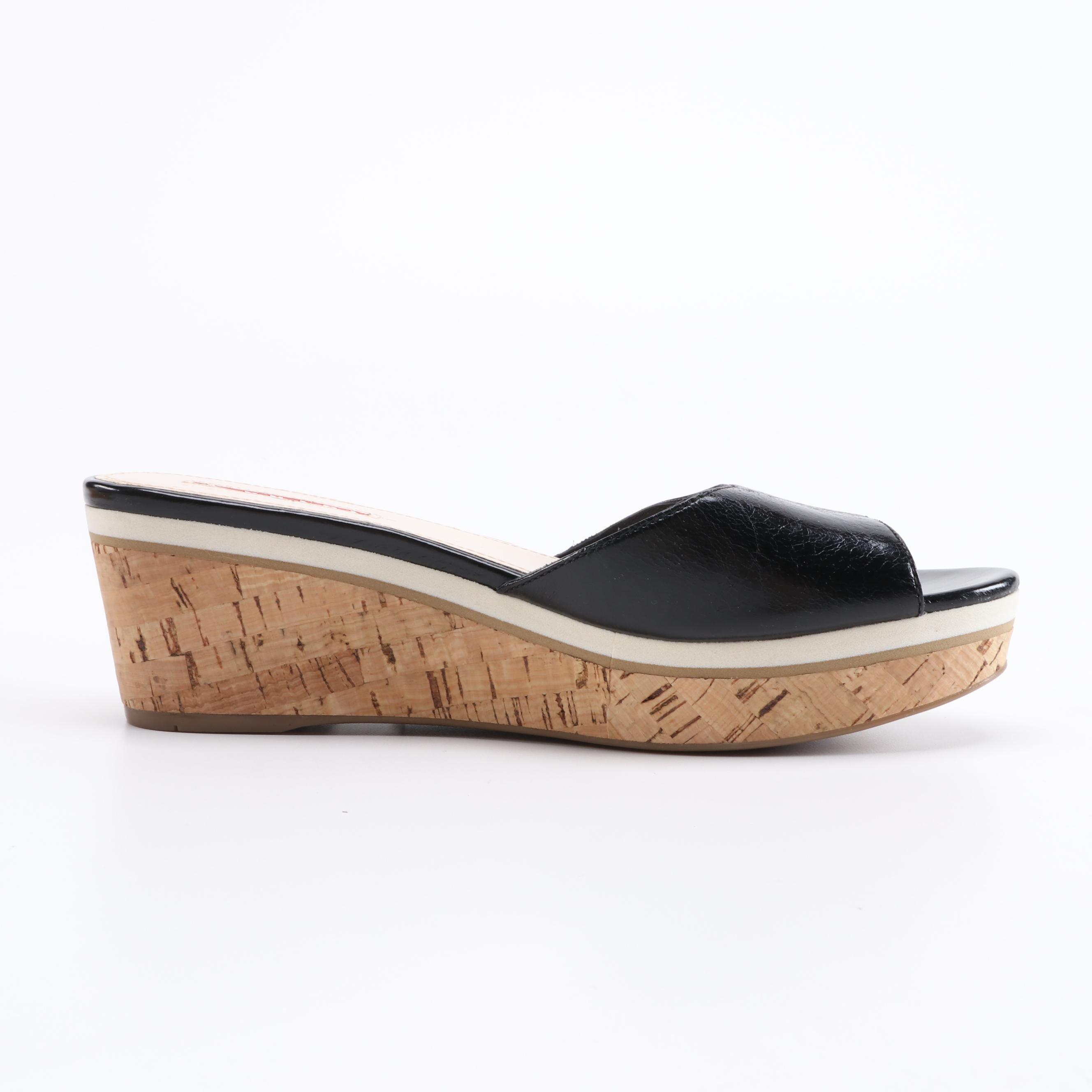 Prada Black Leather Open Toe Cork Wedge Sandals