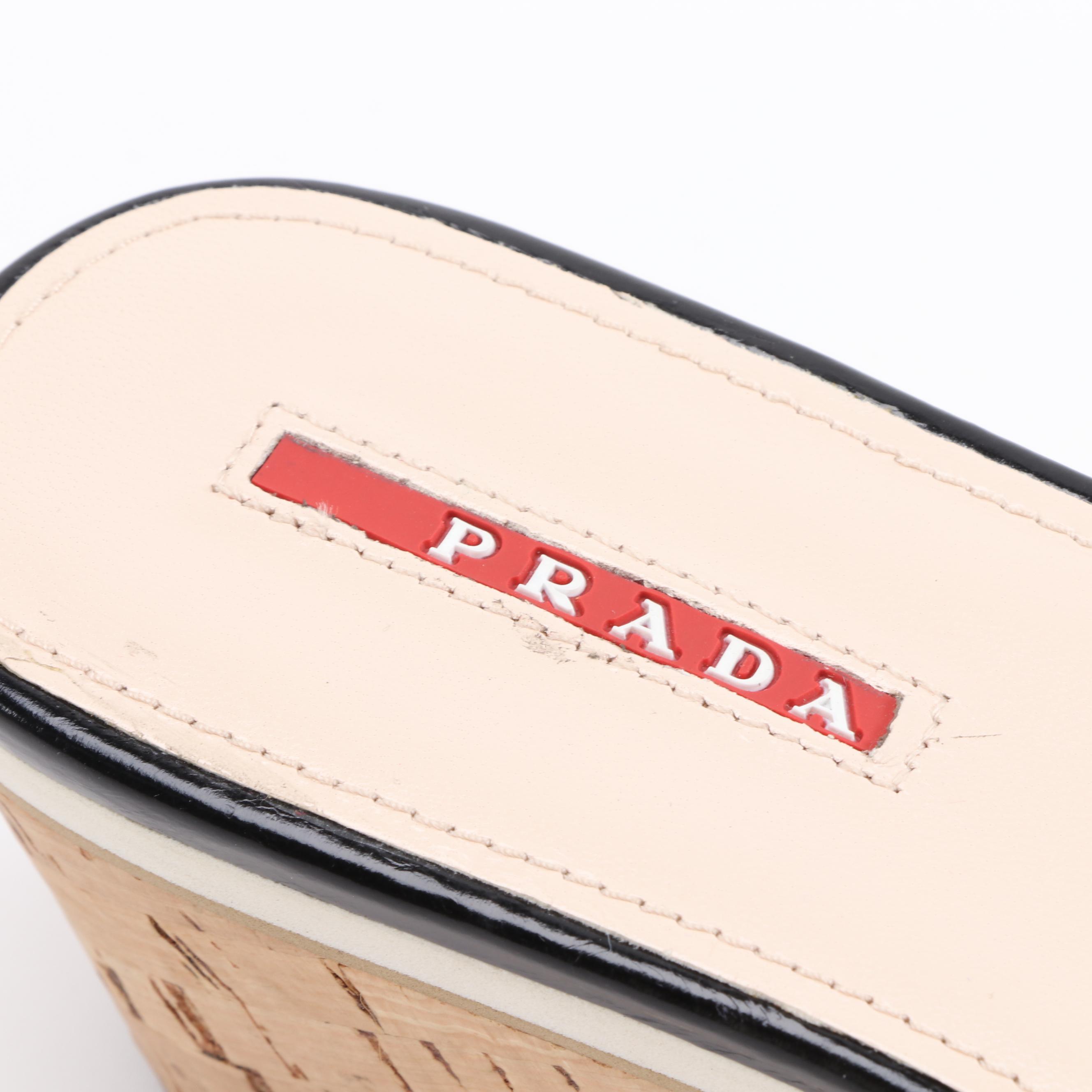 Prada Black Leather Open Toe Cork Wedge Sandals