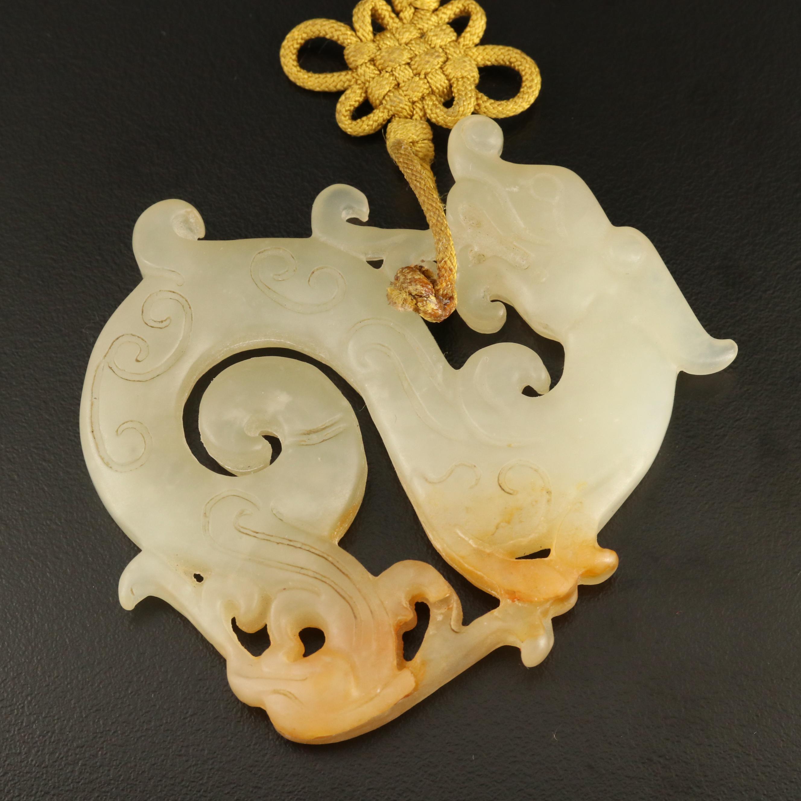Asian Carved Serpentine Dragon Necklace and Glass Tablet Pendant and Beads
