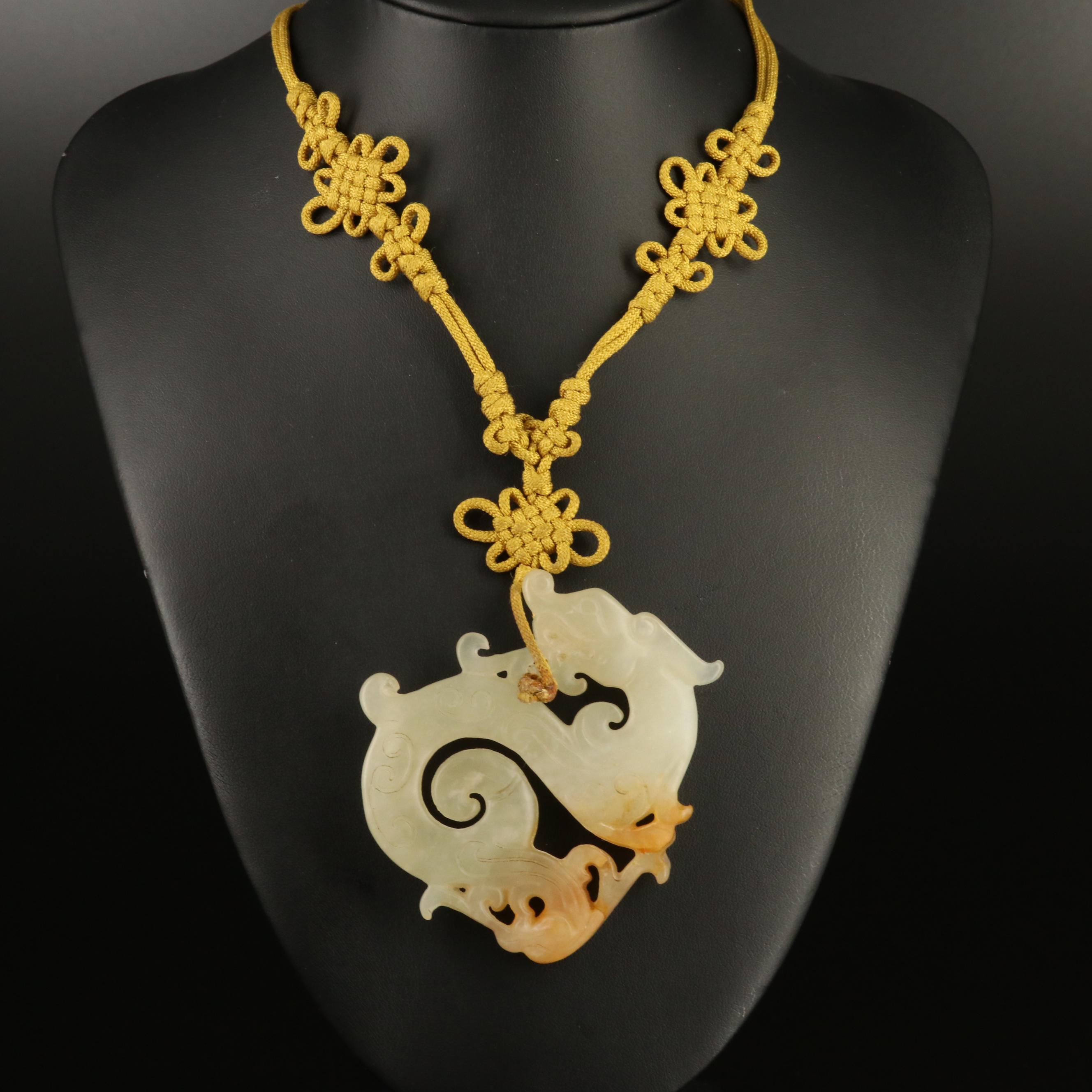 Asian Carved Serpentine Dragon Necklace and Glass Tablet Pendant and Beads