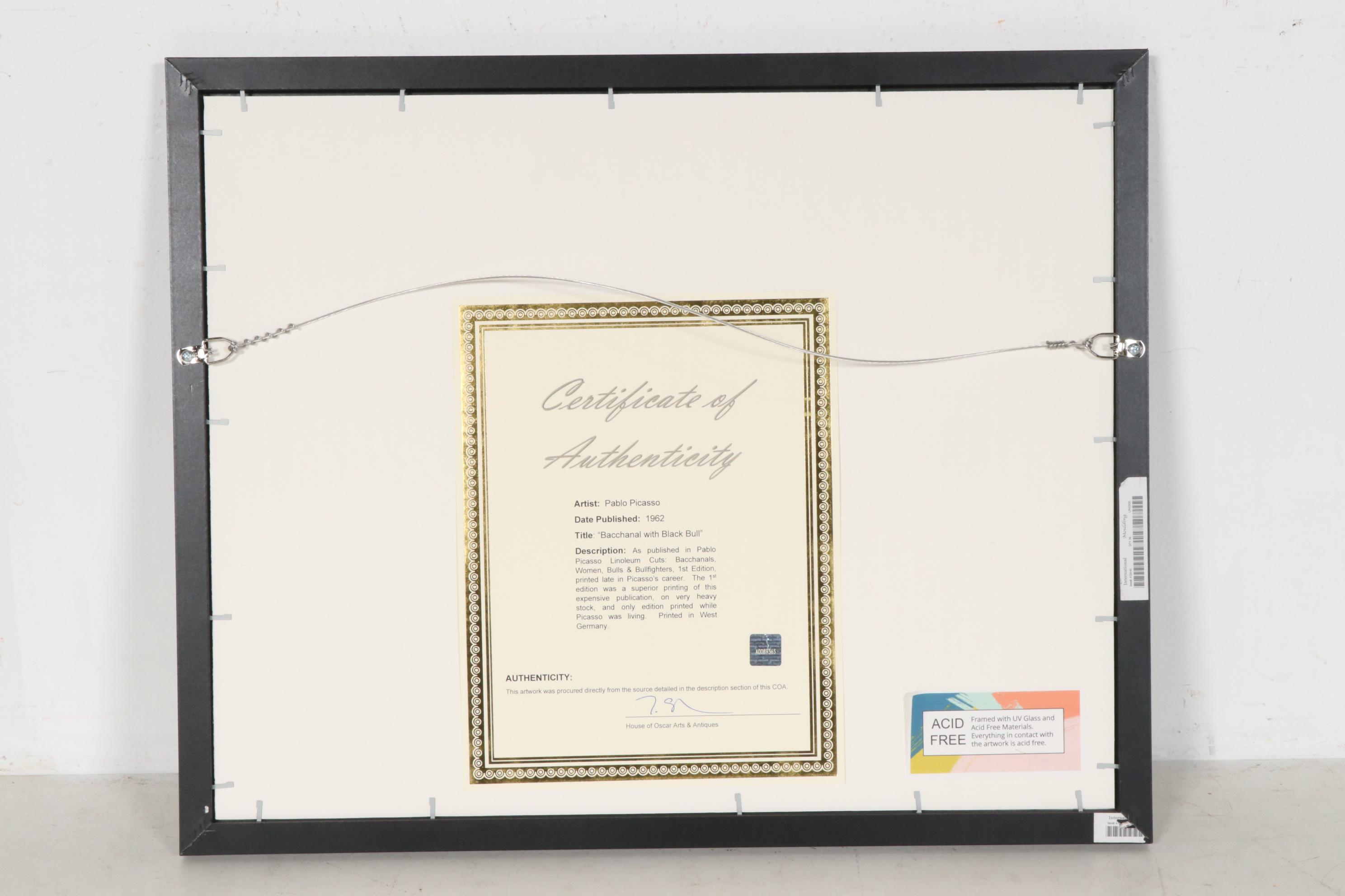 Pablo Picasso Linoleum Cut "Bacchanal with Black Bull", 1962