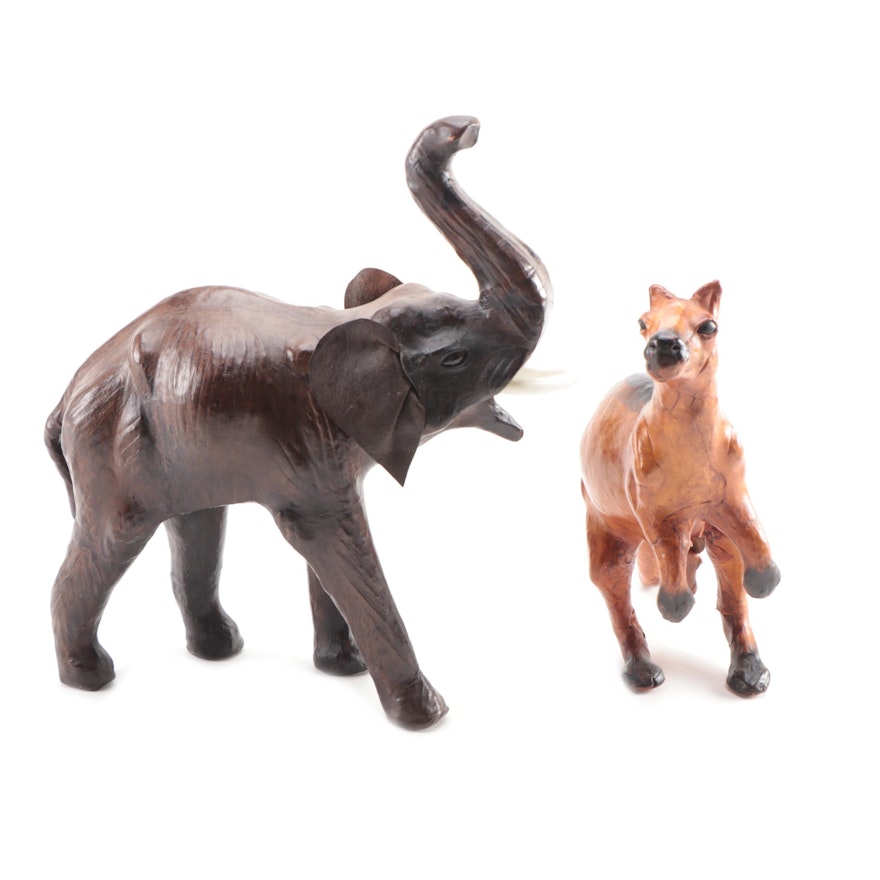 Leather Covered Carved Elephant and Kangaroo Figurines