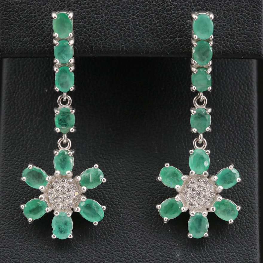 Sterling Emerald and Cubic Zirconia Floral Dangle Earrings