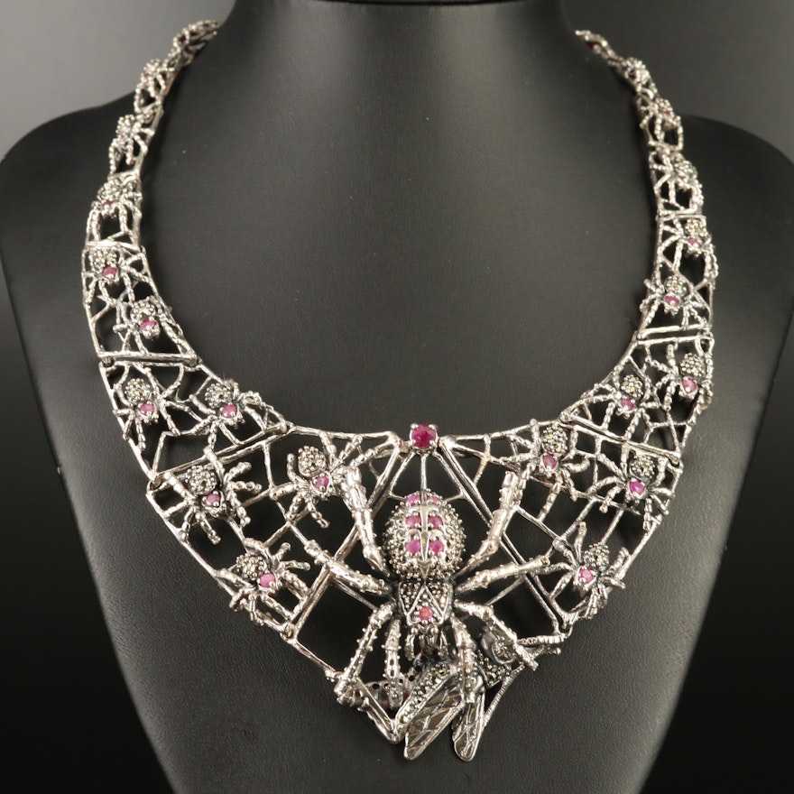 Sterling Silver Ruby and Marcasite Spider and Web Bib Necklace