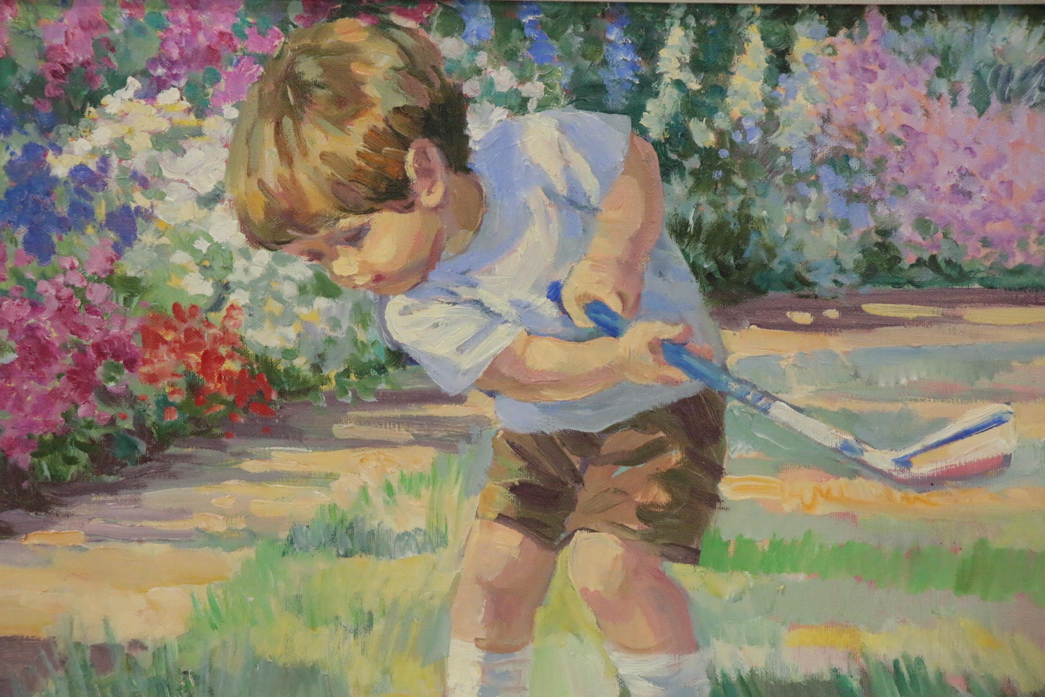 Corinne Hartley Oil Painting of Young Boy Golfing