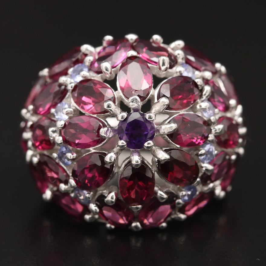 Sterling Silver Amethyst and Rhodolite Garnet Floral Cluster Motif Ring