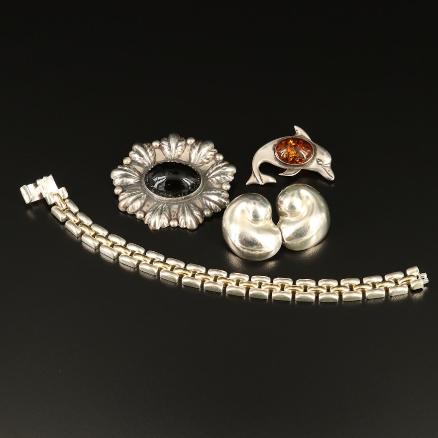 Selection of Sterling Jewelry Featuring Alicia Plata and Dolphin Amber Brooch