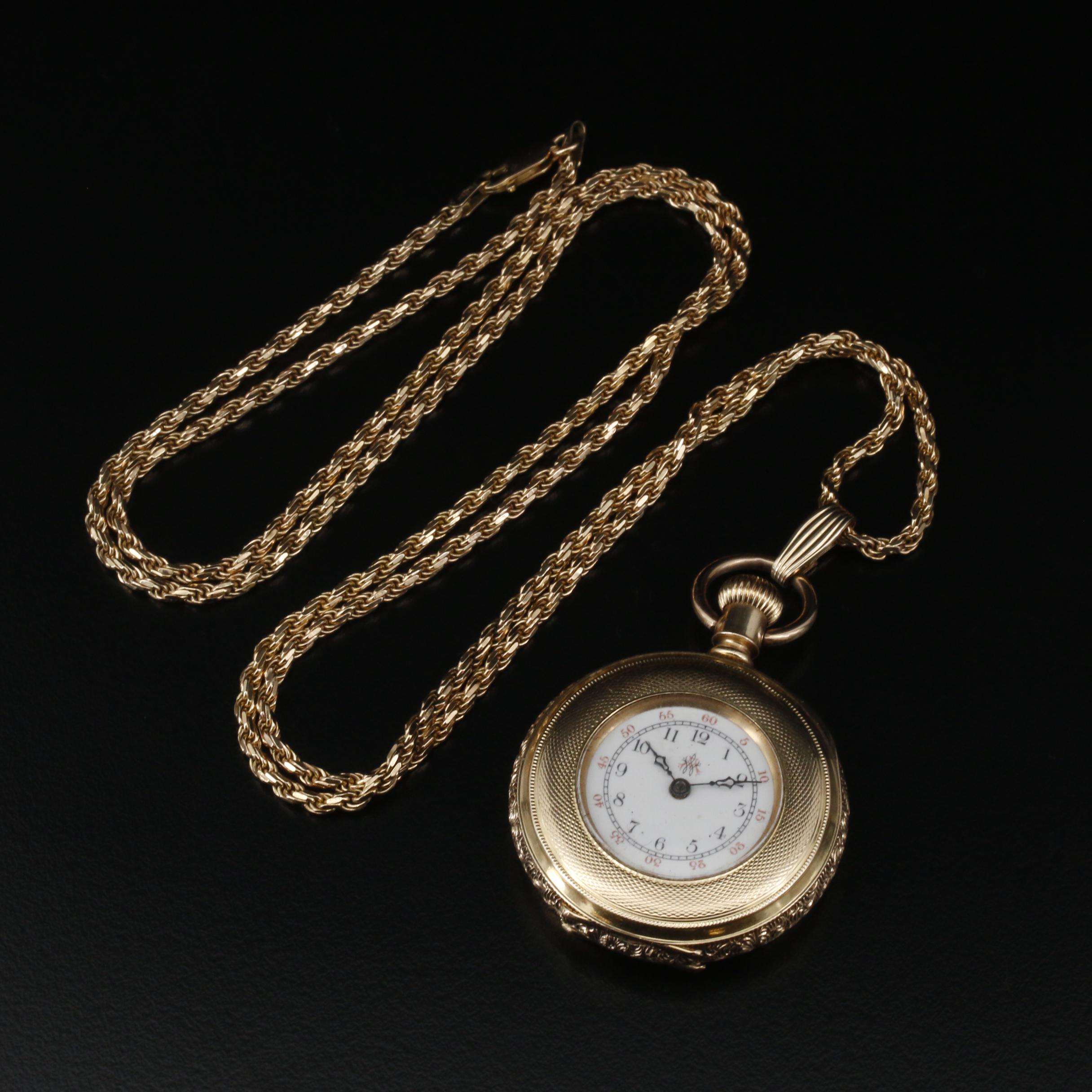 Antique American Waltham 14K Gold Pocket Watch on 14K Gold Chain Fob
