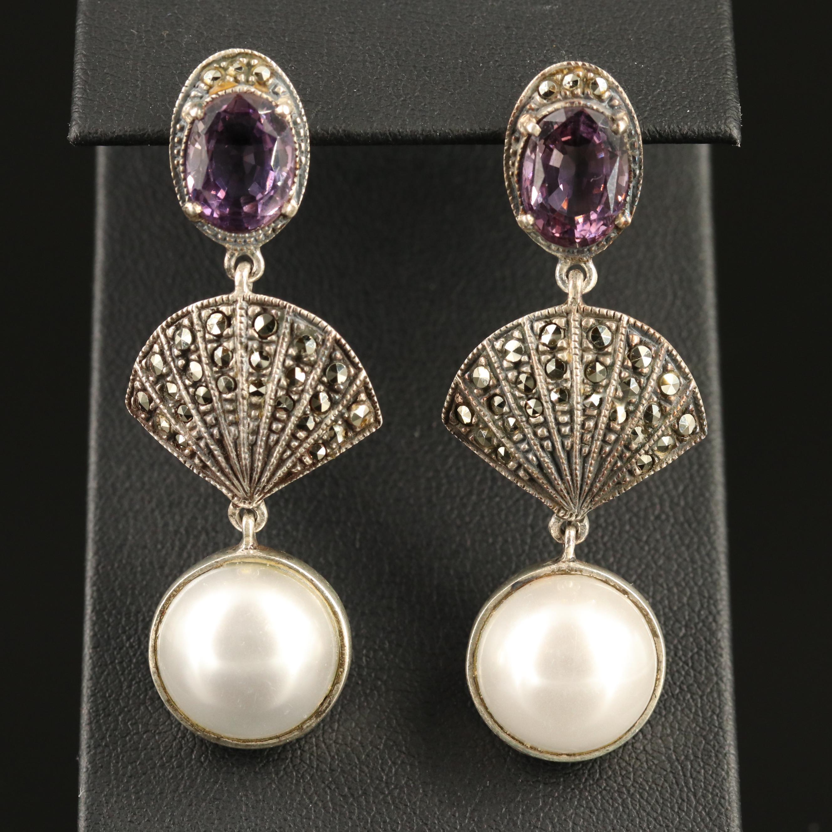 Judith Jack Sterling Amethyst, Faux Pearl and Marcasite Dangle Earrings