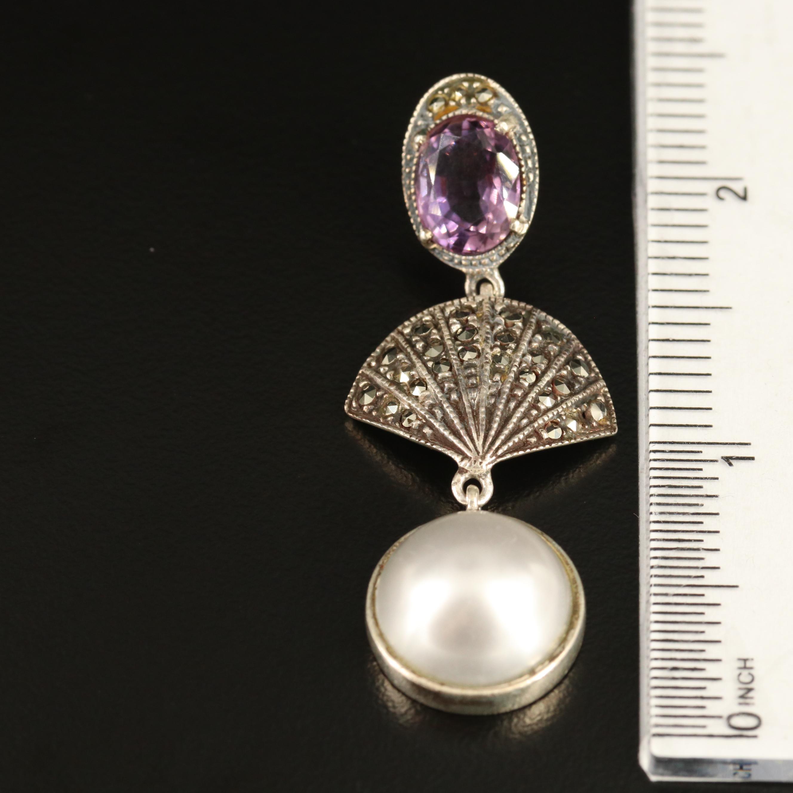 Judith Jack Sterling Amethyst, Faux Pearl and Marcasite Dangle Earrings