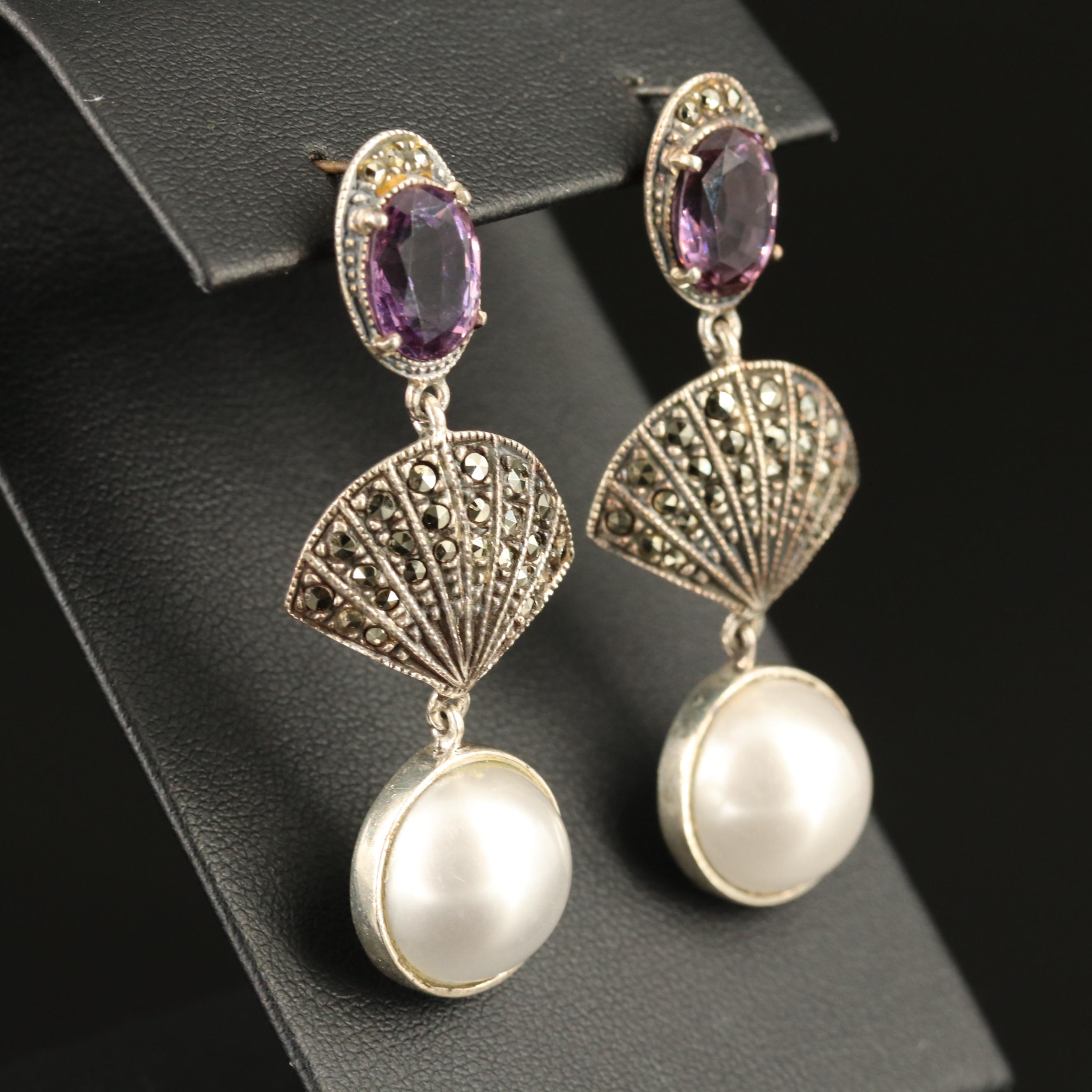 Judith Jack Sterling Amethyst, Faux Pearl and Marcasite Dangle Earrings