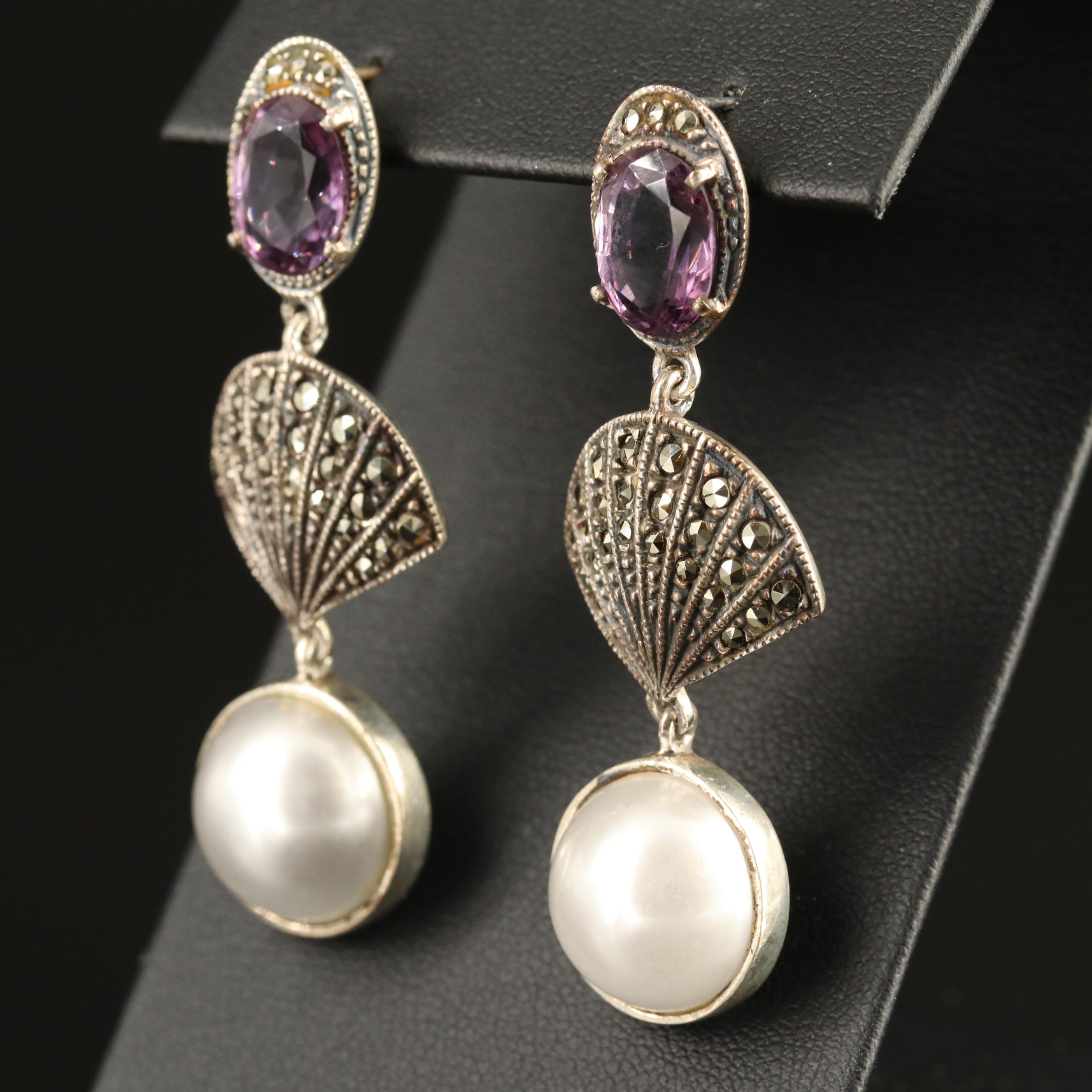 Judith Jack Sterling Amethyst, Faux Pearl and Marcasite Dangle Earrings