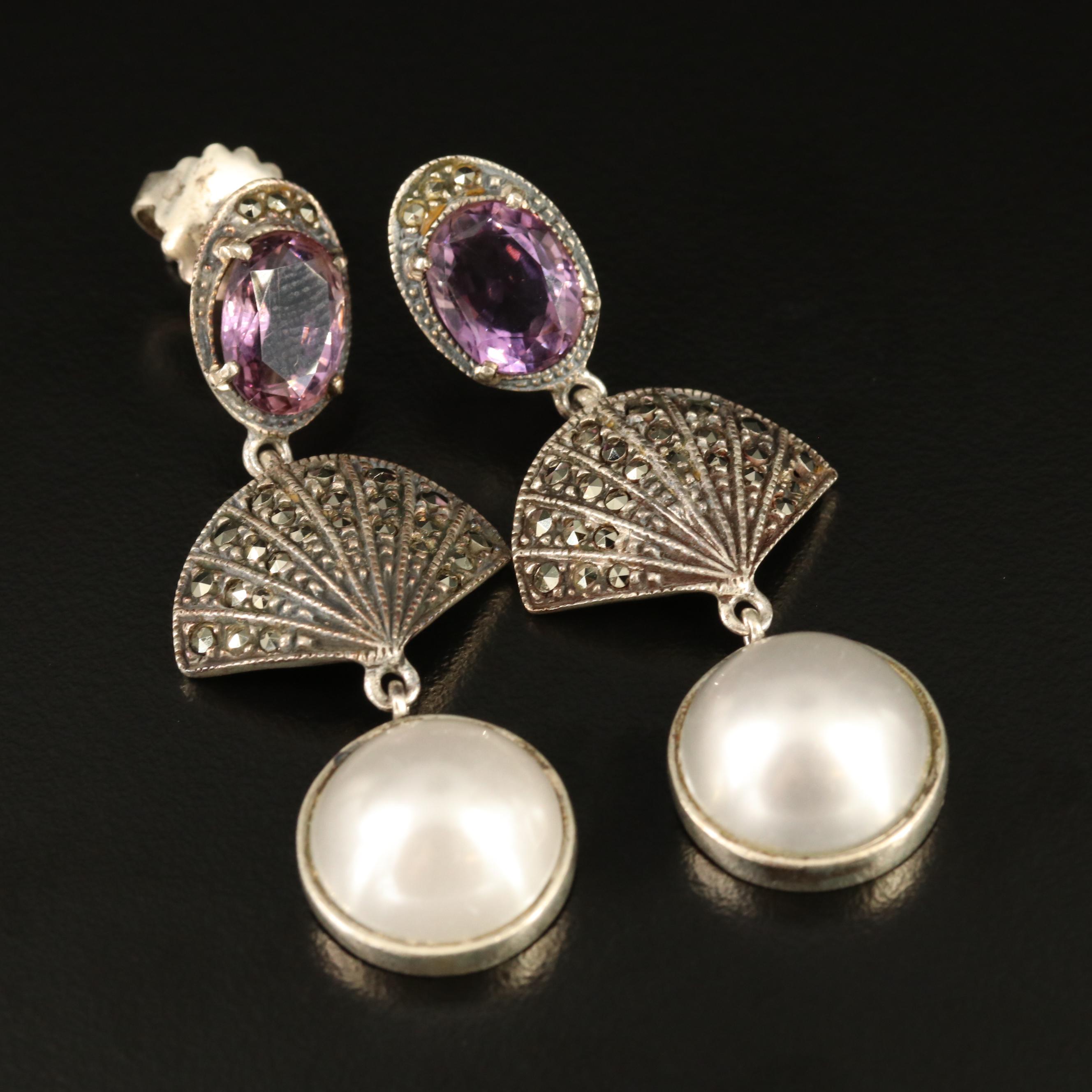 Judith Jack Sterling Amethyst, Faux Pearl and Marcasite Dangle Earrings