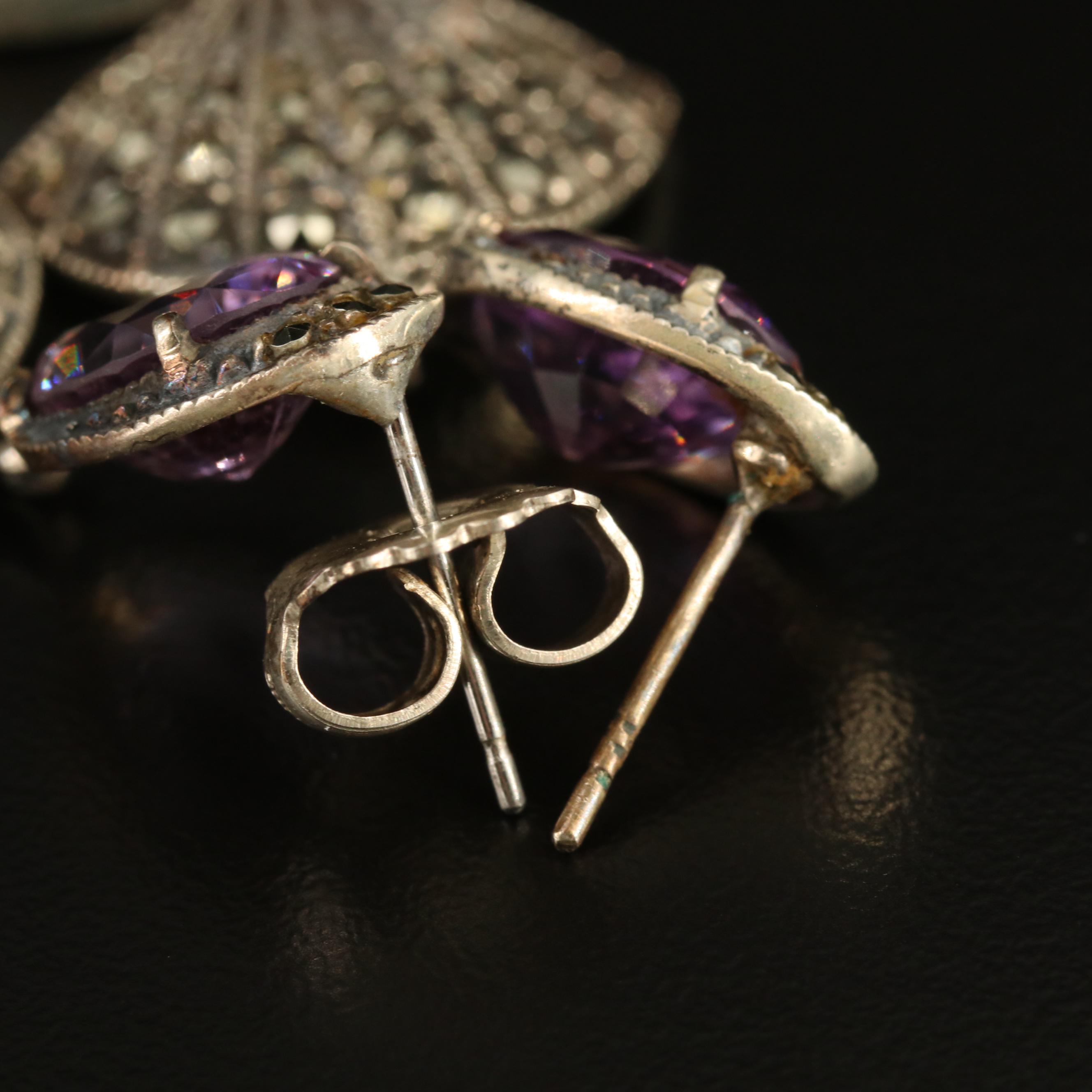 Judith Jack Sterling Amethyst, Faux Pearl and Marcasite Dangle Earrings