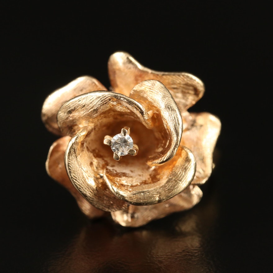 14K Diamond Floral Ring with Florentine Finish