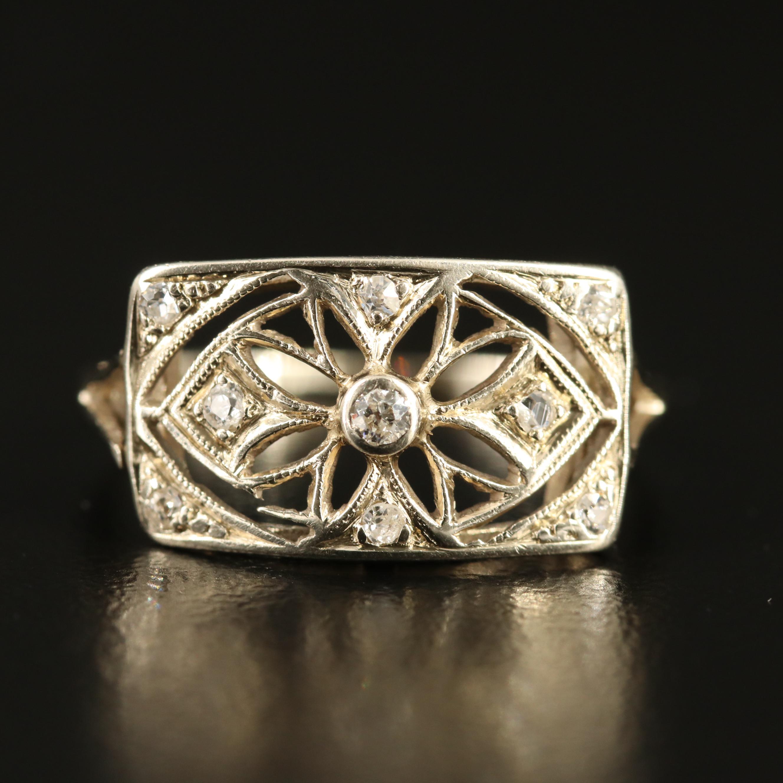 Art Deco 14K Diamond Floral Motif Ring